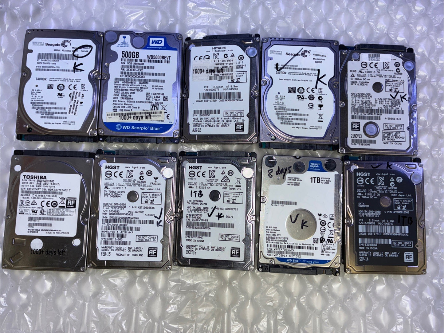 🔥 LOT of 10 Mixed Brand 500GB～1TB 2.5" SATA LAPTOP HDD (1000+ days Remains) -
