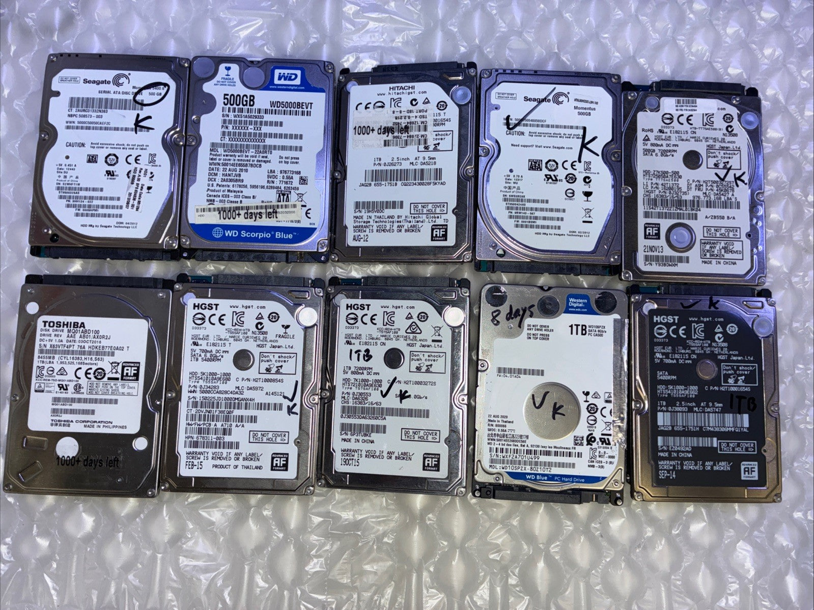 🔥 LOT of 10 Mixed Brand 500GB～1TB 2.5" SATA LAPTOP HDD (1000+ days Remains) -