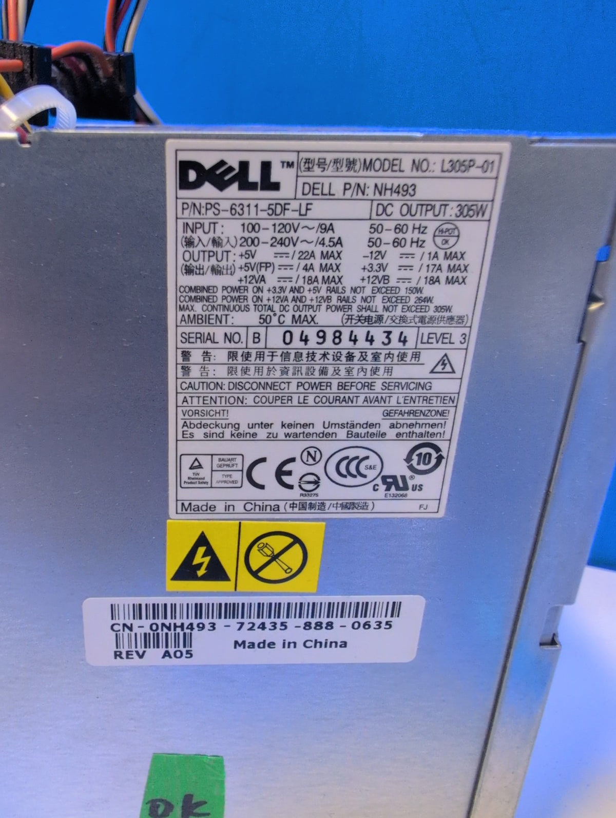 🎸 Dell 305W Desktop Power Supply L305P-01 NH493 PS-6311-5DF-LF ATX 24-Pin