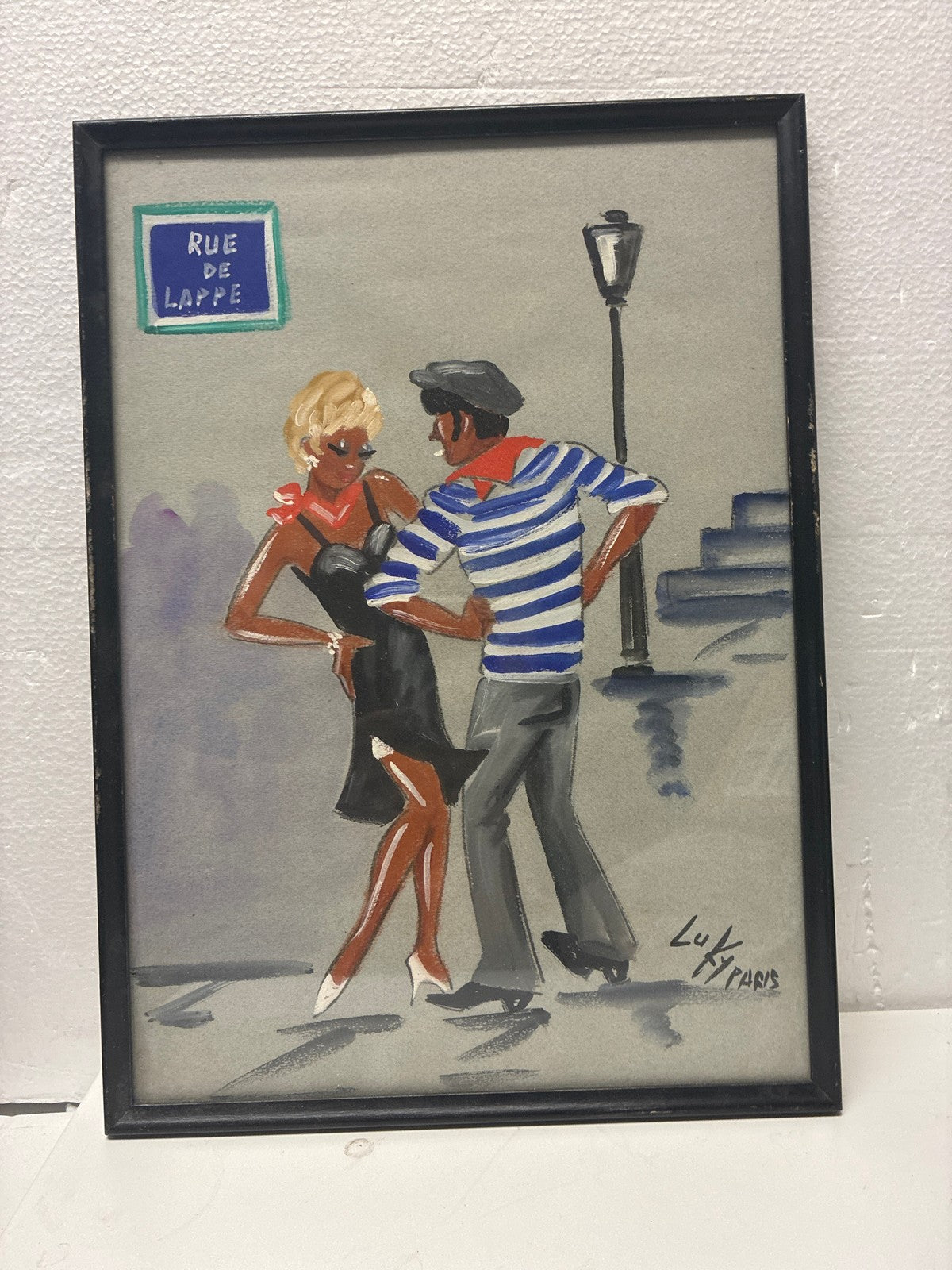 🔥 Luky Paris "Rue de Lappe" Framed Dancing Couple Painting 16.5x11"
