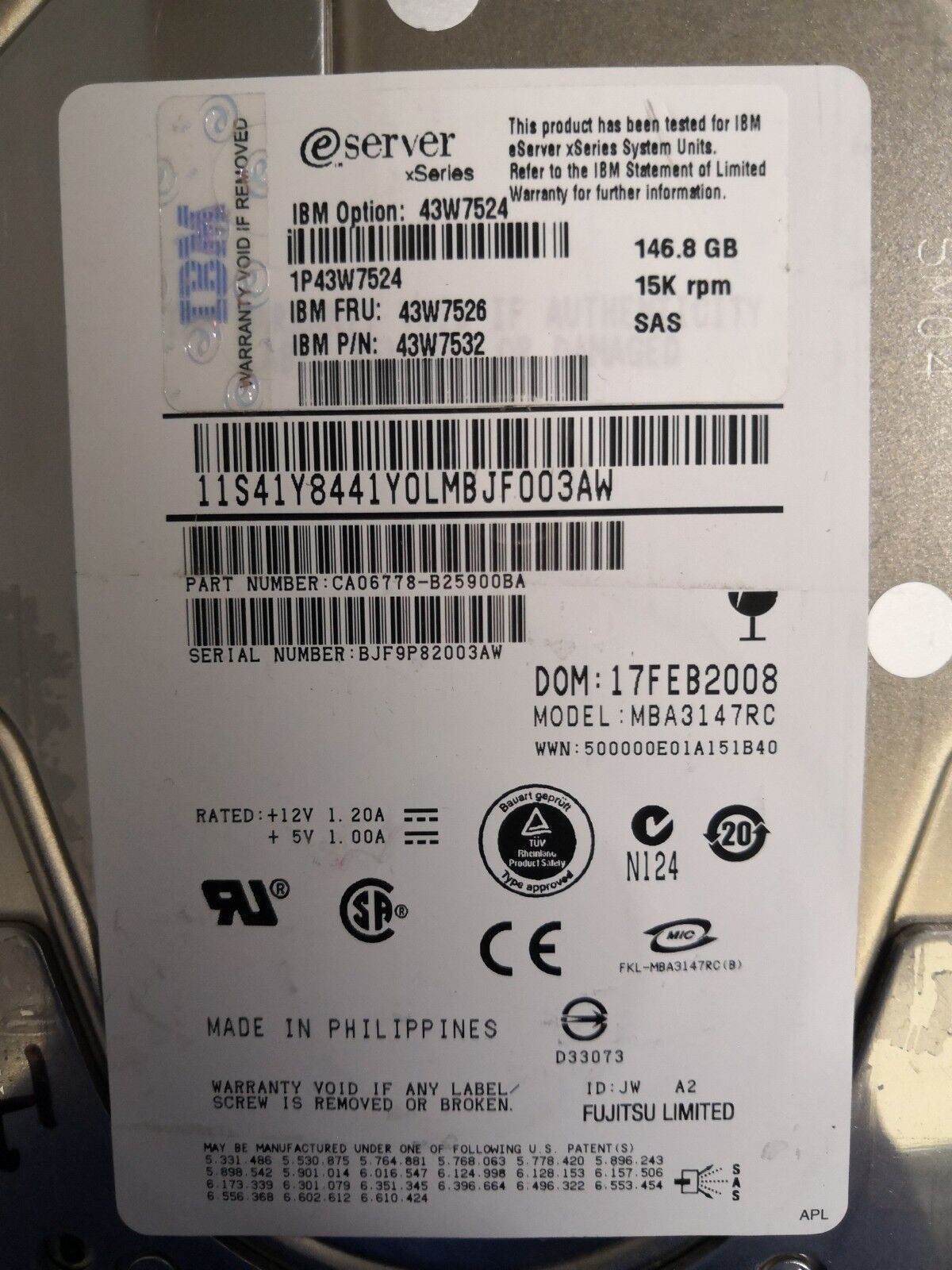 + *LOT OF 2* IBM 146GB SAS 3.5 15K HDD 146G 43W7526 43W7532 MBA3147RC CA06778 @@