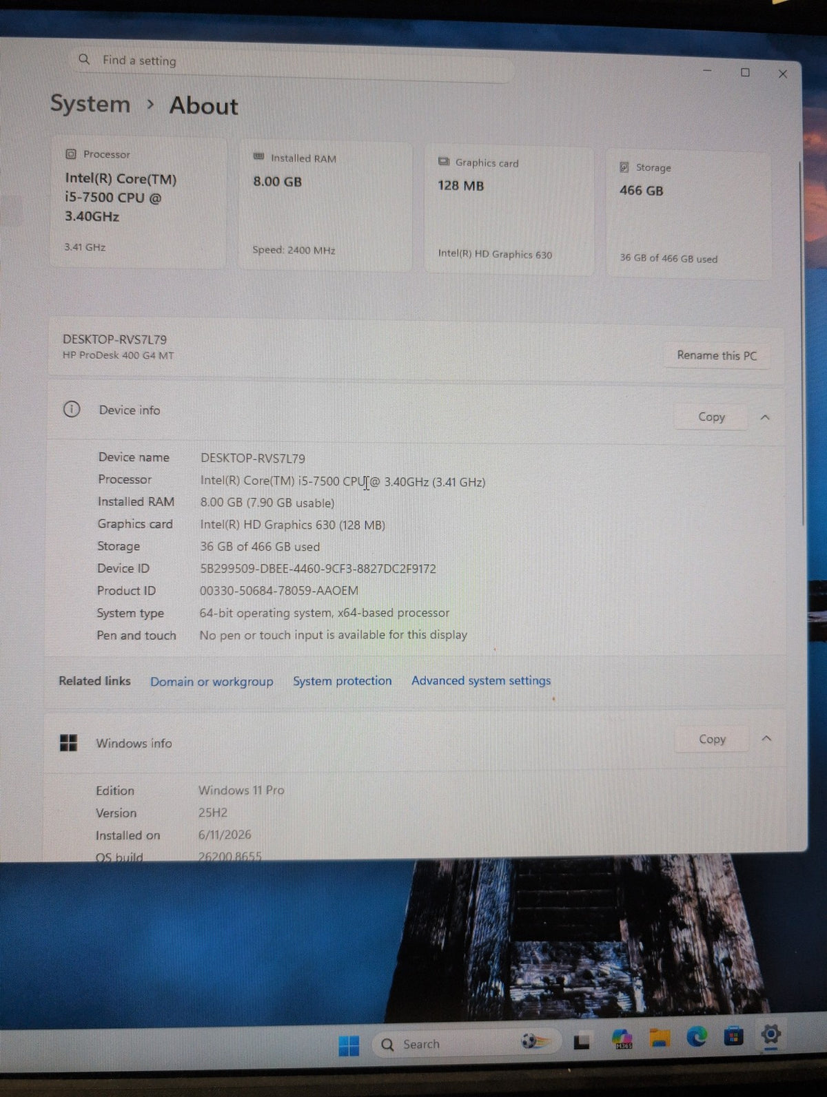 HP ProDesk 400 G4 MT Z2H64UT#ABA i5-7500 8GB RAM 500GB HDD Win 11 Pro -