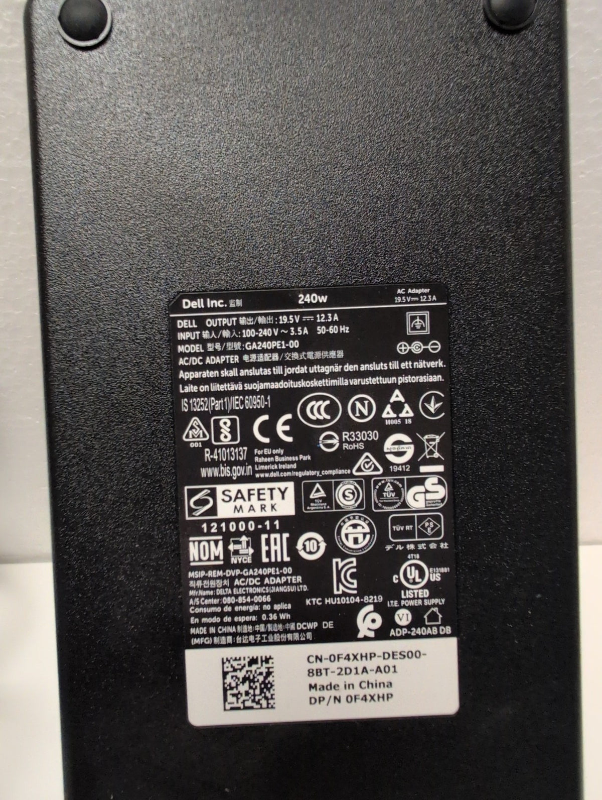 Dell GA240PE1-00 240W AC/DC Power Adapter 19.5V 12.3A 0F4XHP Black -