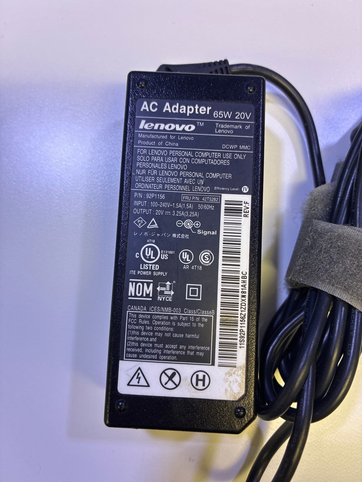 🔥 Lenovo 65W 20V AC Adapter 92P1156 FRU 42T5282 Yellow-Tip ThinkPad Charger