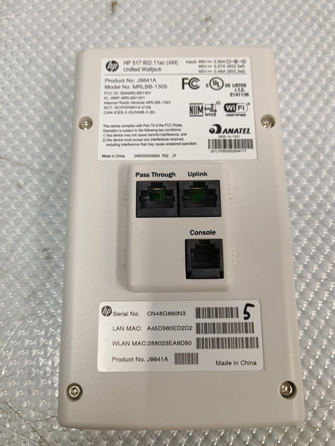 - HP 517 Single Radio 802.11ac Unified Wired-WLAN Walljack J9841A MRLBB-1305 @@@