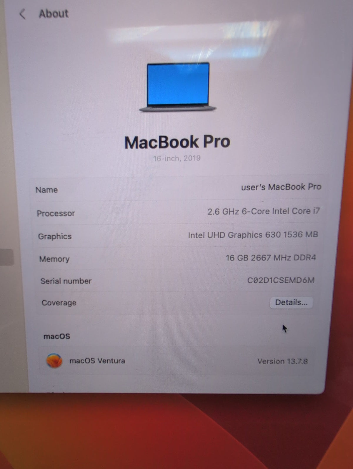 🎸 Apple MacBook Pro A2141 16" 2019 i7 2.6GHz 16GB RAM 500GB SSD OS 13.7 (Read)