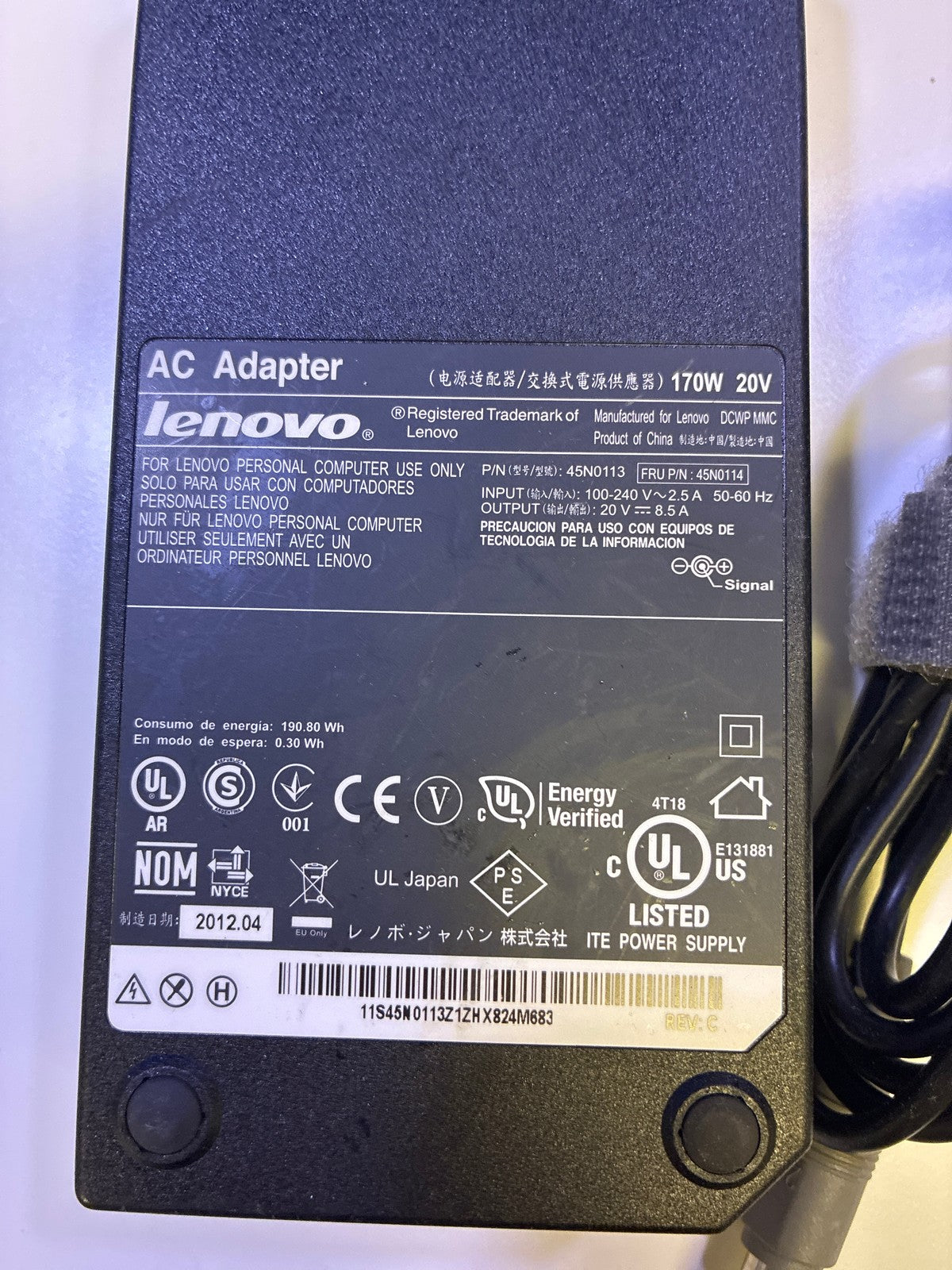 🔥 Lenovo 170W 20V 8.5A AC Adapter 45N0113 FRU 45N0114 ThinkPad Charger Black