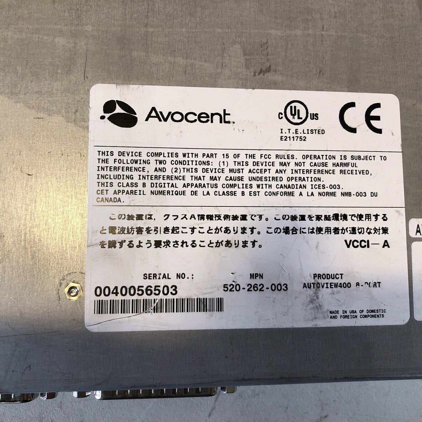 1x Avocent AutoView 400 8-Port KVM Switch tested