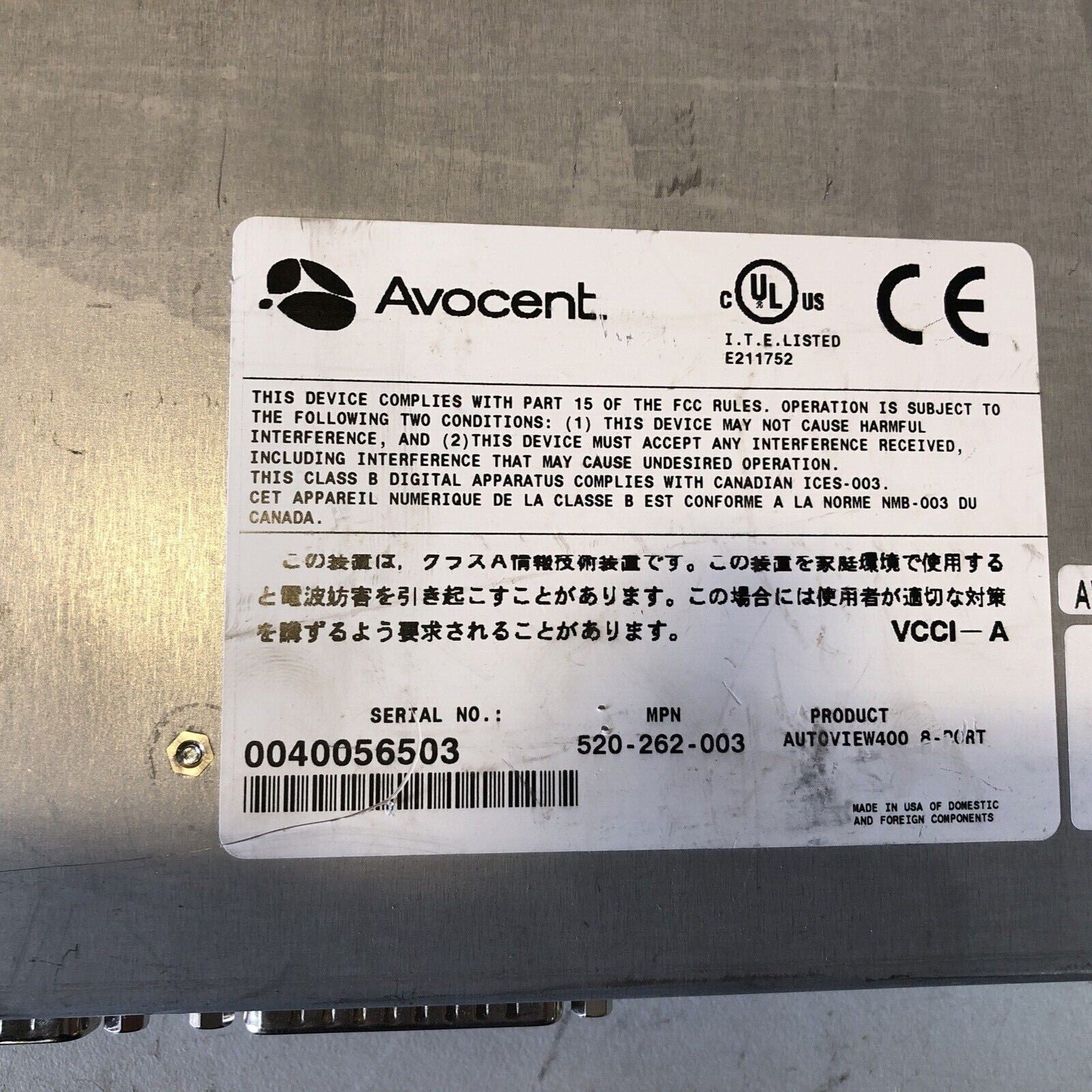 1x Avocent AutoView 400 8-Port KVM Switch tested