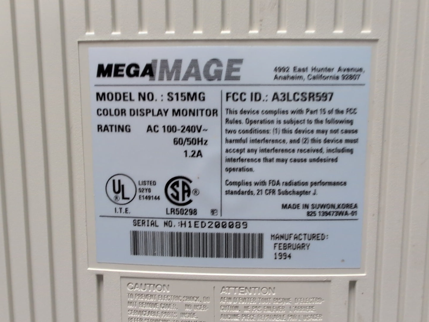 🔥 MEGA IMAGE S15MG 15" Color Display CRT Monitor (9 PIN Video PORT) -