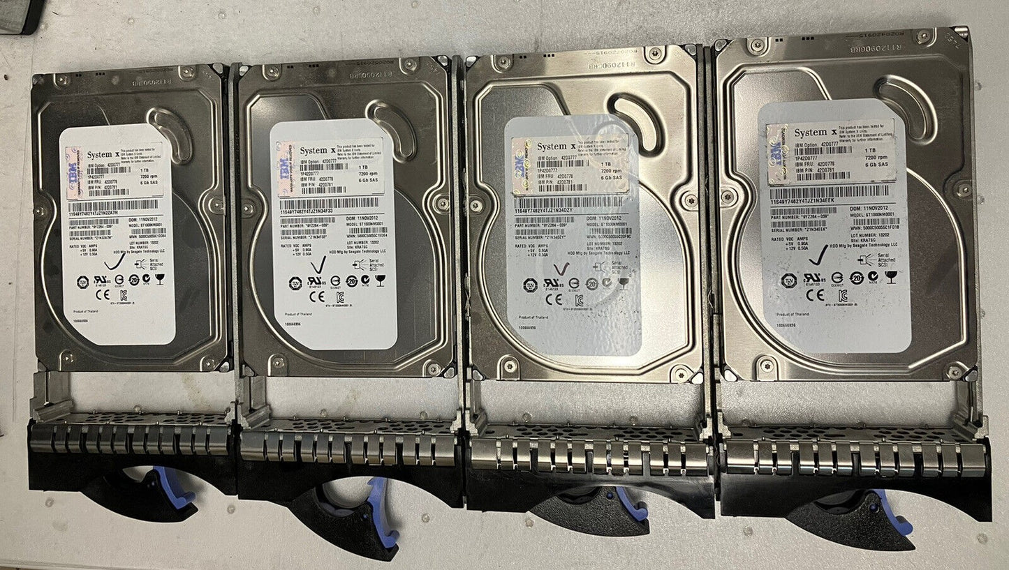 Lot Of 4 IBM 1TB 7.2K 6G 3.5” SAS 42D0778 42D0777 42D0781 HD w/ Caddy 42R4131