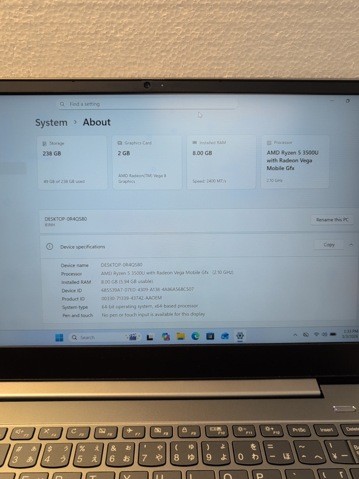 GRADE A) Lenovo IdeaPad S540-14API 14" LAPTOP RYZEN 5 3500U/8GB/256GB SSD/Win11-