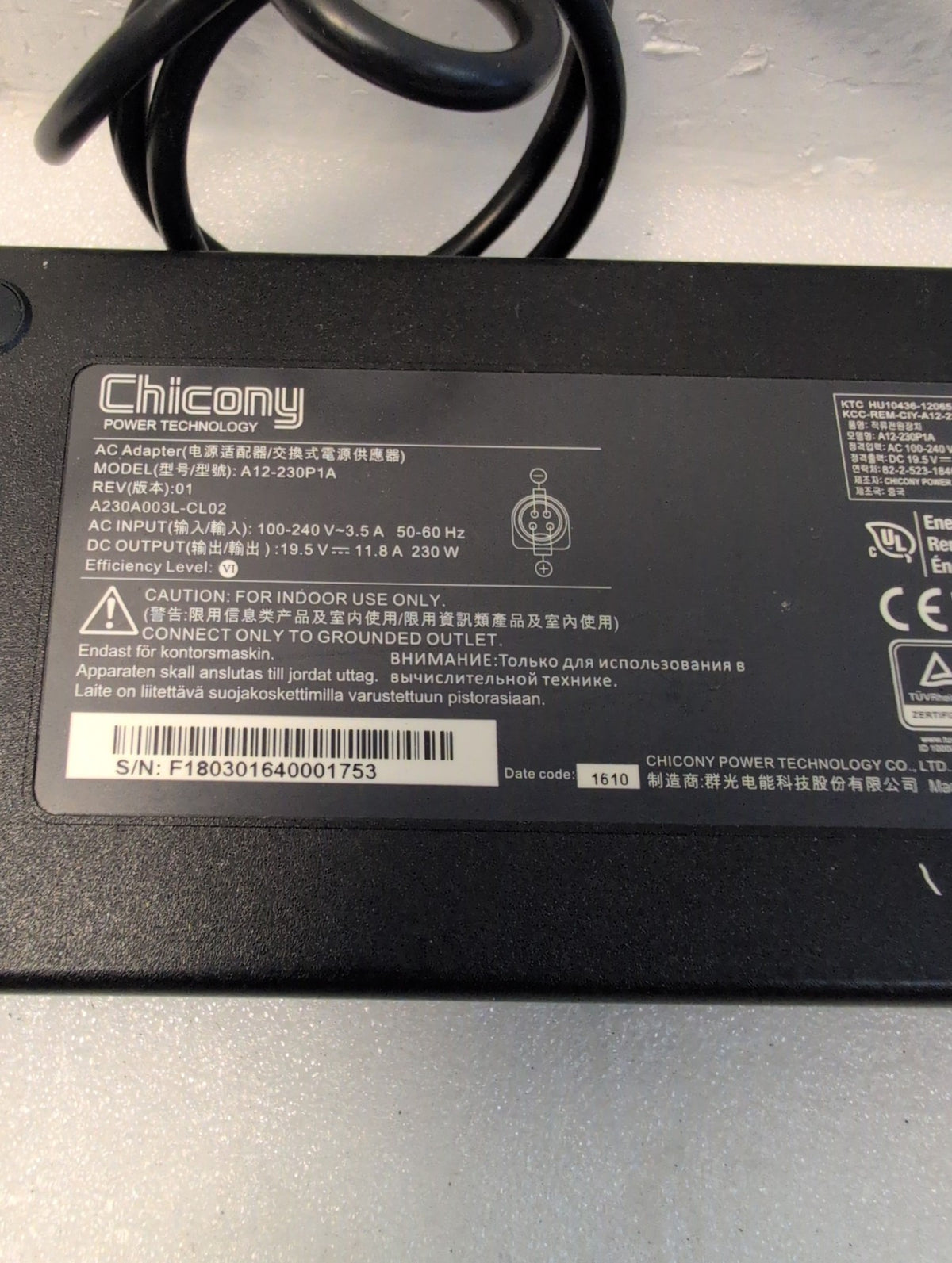 🎸 Chicony 230W AC Adapter A12-230P1A 19.5V 11.8A 4-Pin DIN Power Supply Charger