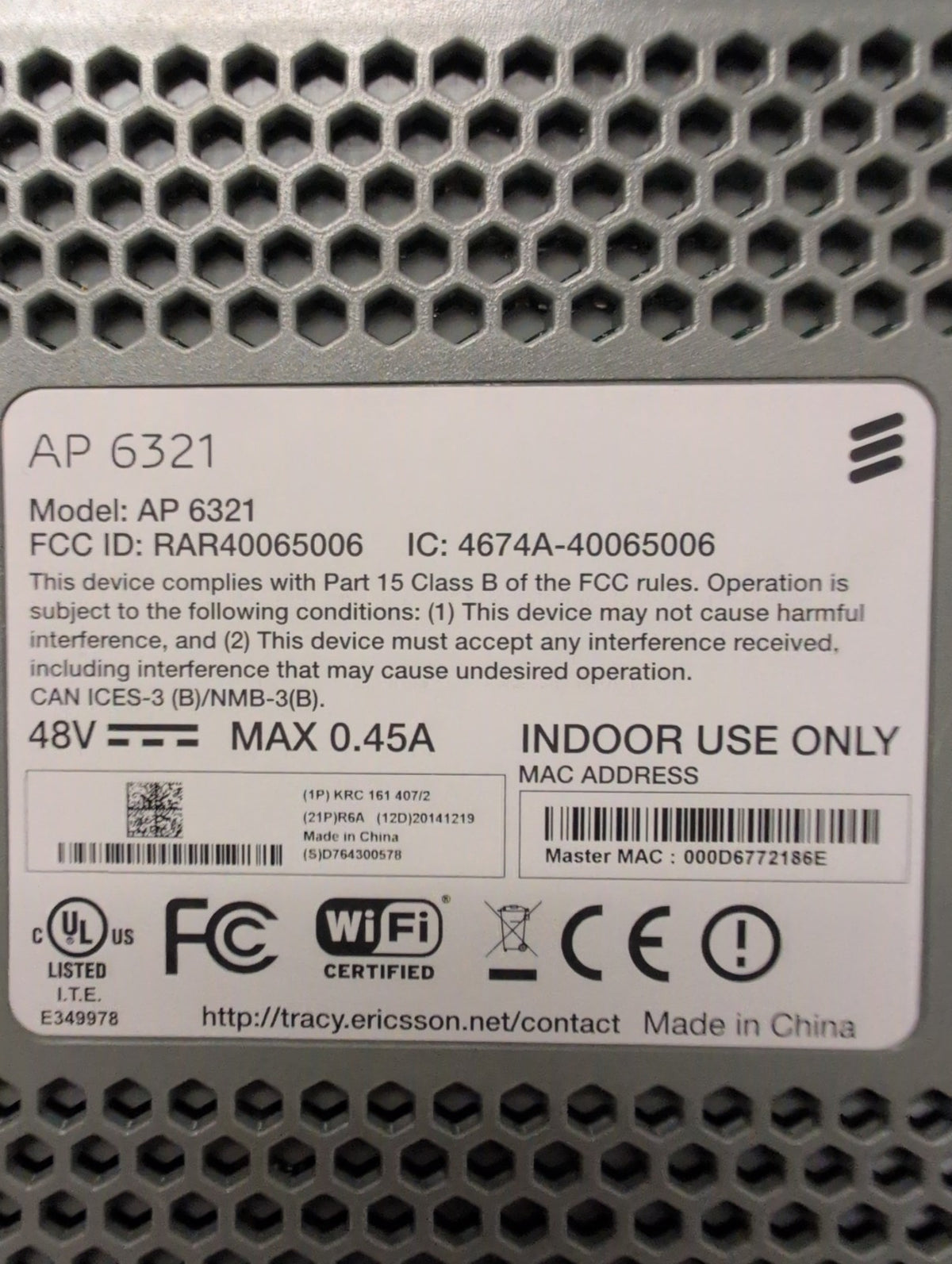 🎸 Ericsson AP 6321 Wireless Access Point 2.4G/5G WiFi Indoor (NO AC ADAPTER )