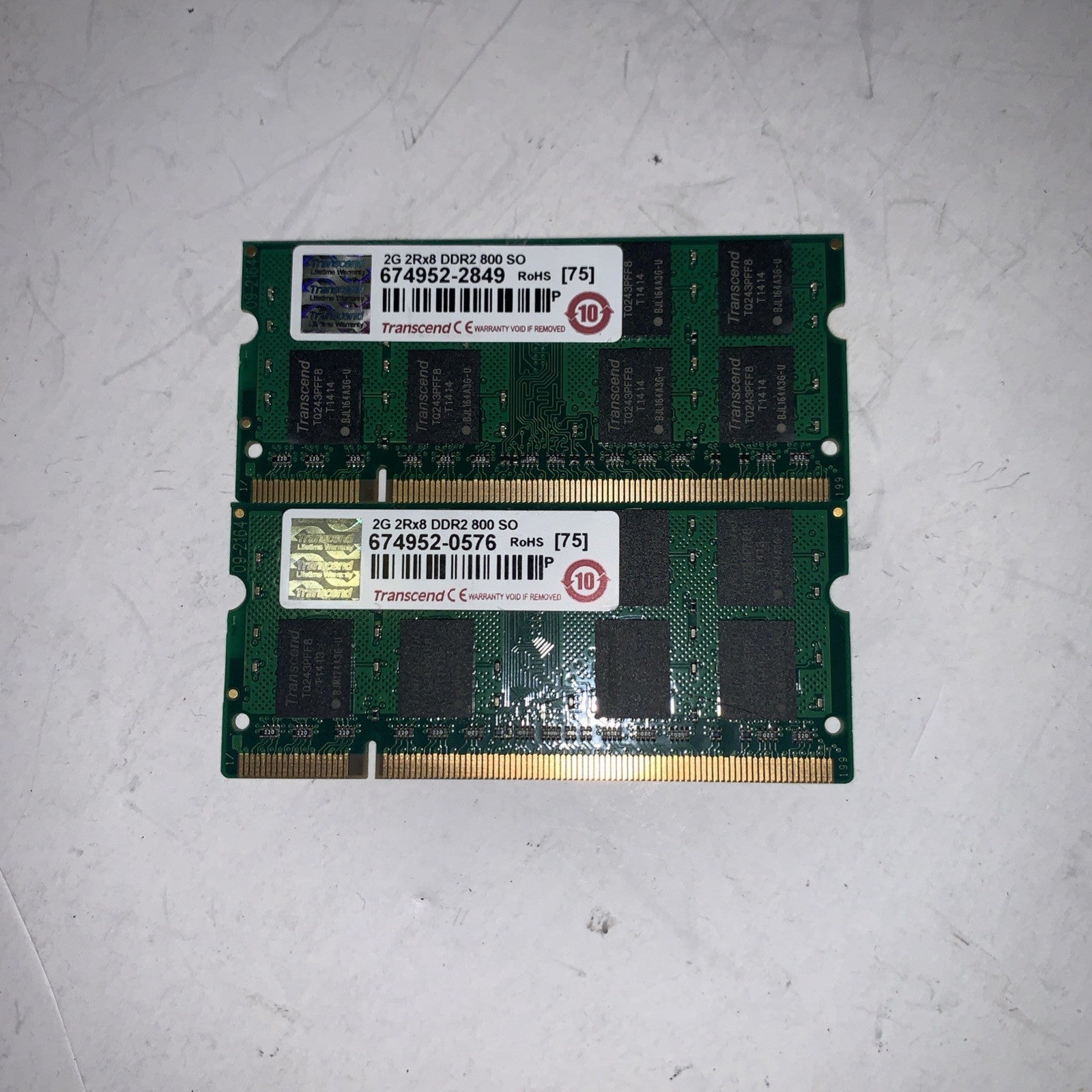 Lot of 2 Transcend 2GB 2RX8 DDR2 800  PC6400 800MHZ laptop memory