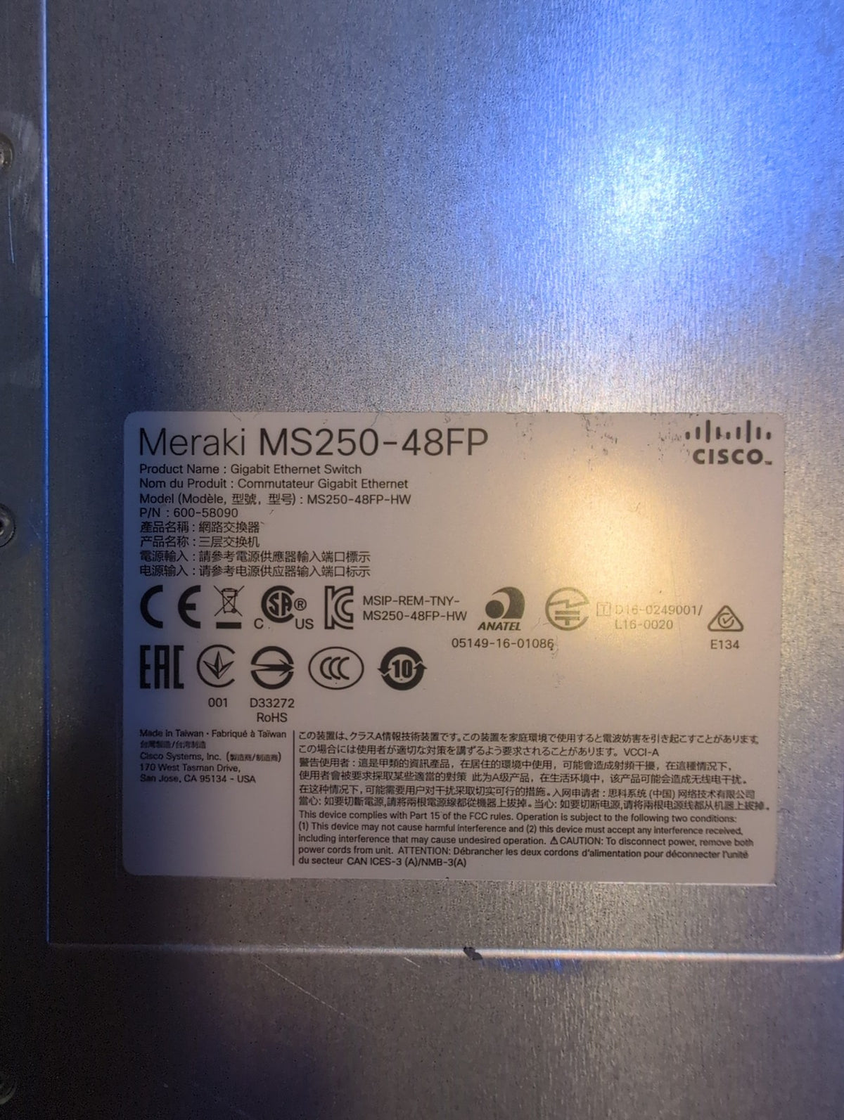 🎸 Cisco Meraki MS250-48FP-HW 48-Port PoE Gigabit Ethernet Switch (NO PSU,AS IS)