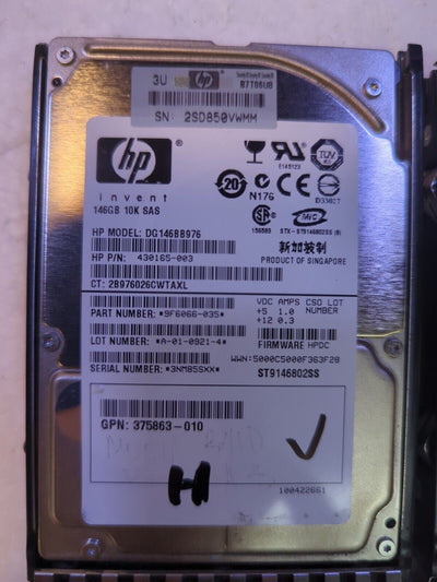 - 2x HP 430165-003 DG146BB976 146GB 10K SAS 2.5" HDD w/ Tray 432320-001 TESTED 