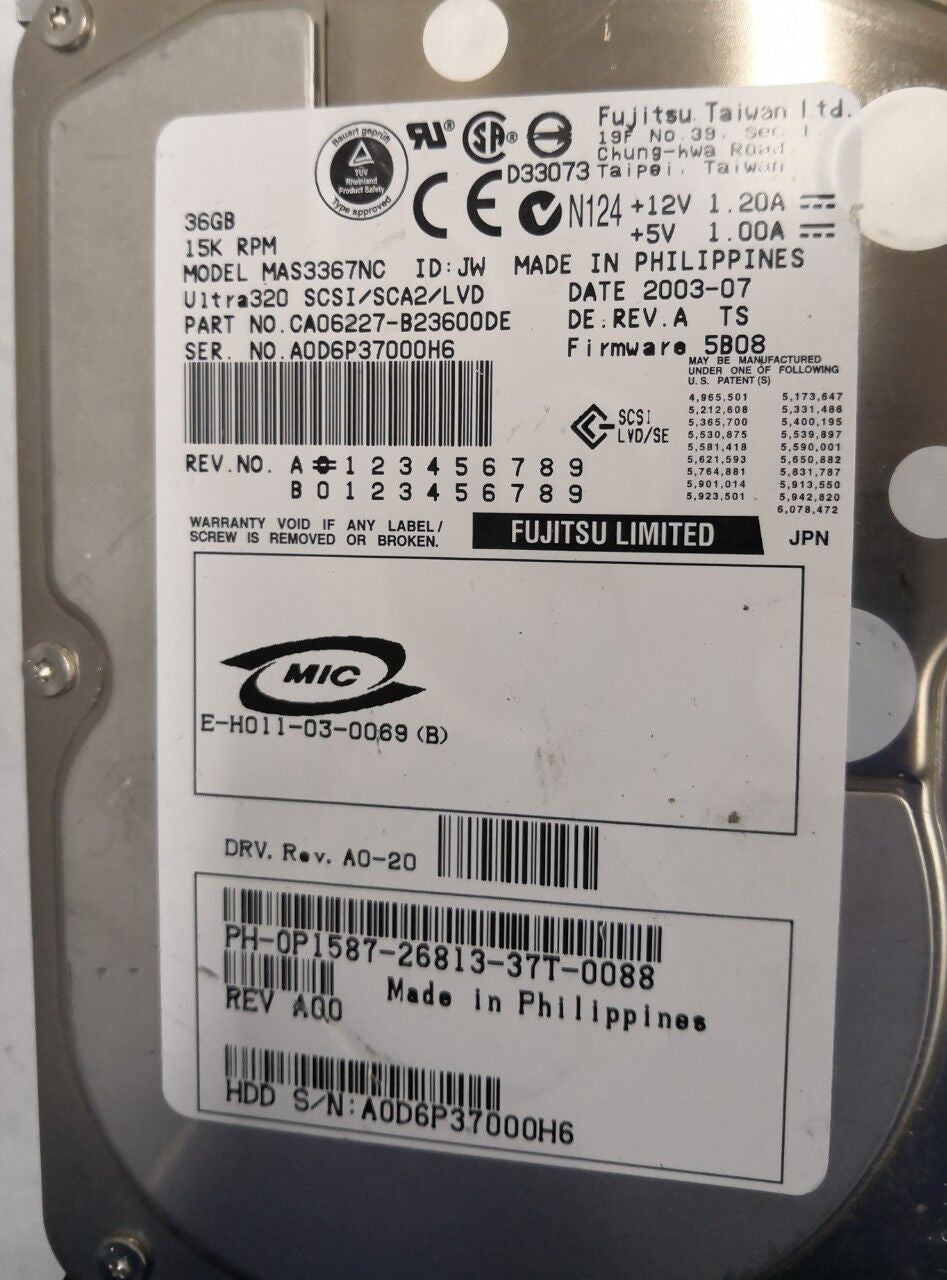 （1x ）Dell FUJITSU  36GB 15K SCSI Server Hard Drive P1587 MAS3367NC
