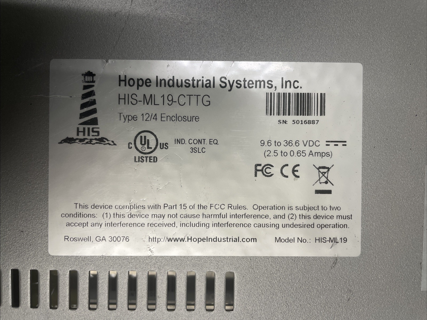 🔥  HOPE INDUSTRIAL SYSTEMS His-Ml19-CTTG Touch Screen Monitor 19"  +