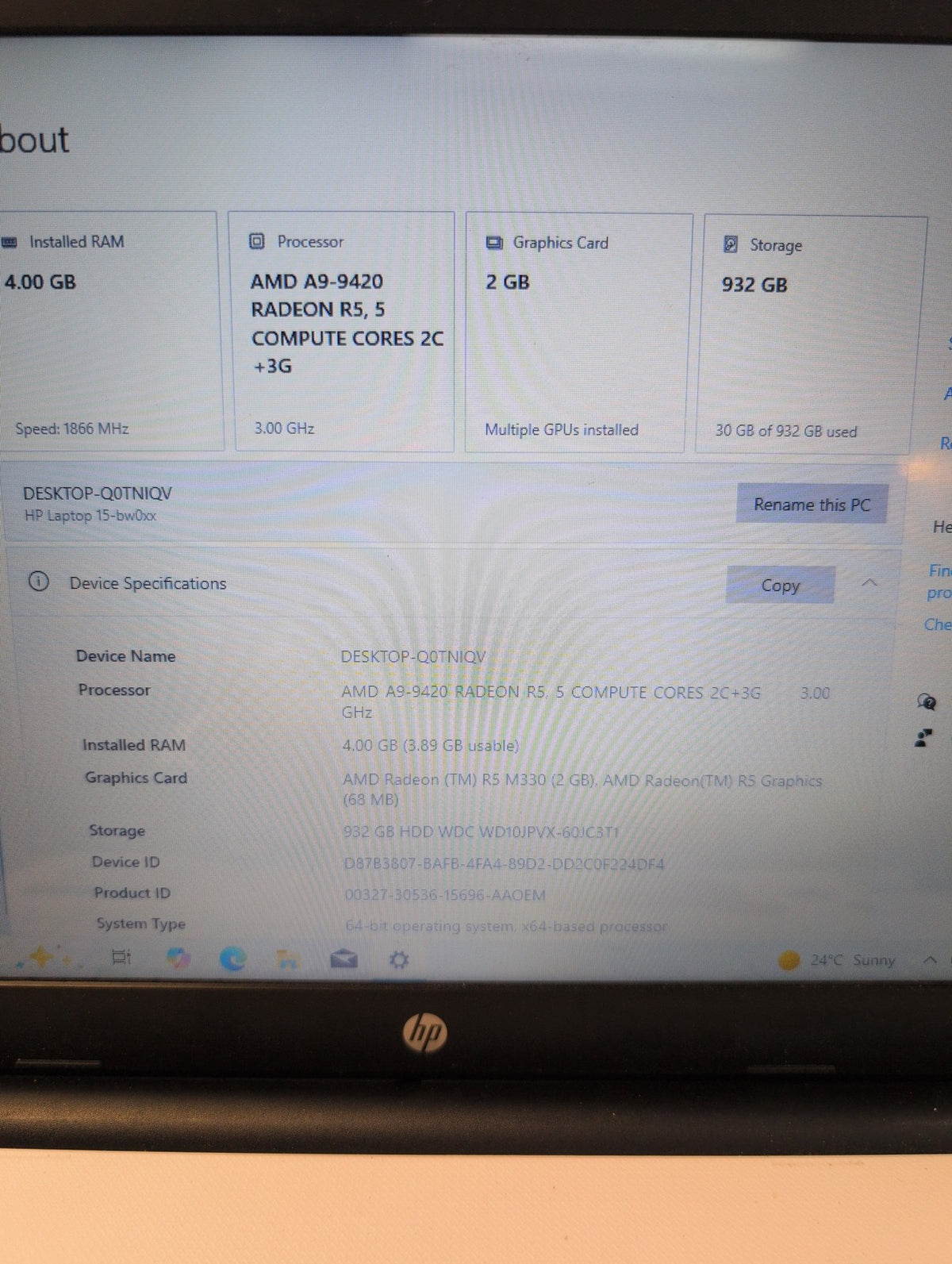 🎸 HP 15.6" Laptop 15-bw0071a AMD A9-9420 4GB RAM 1TB HDD Win10