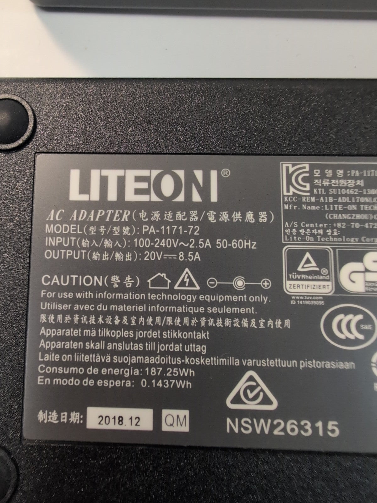 1x LITEON (20V/8.5A) AC Adapter Power Supply (PA-1171-72) Compatible with HP -