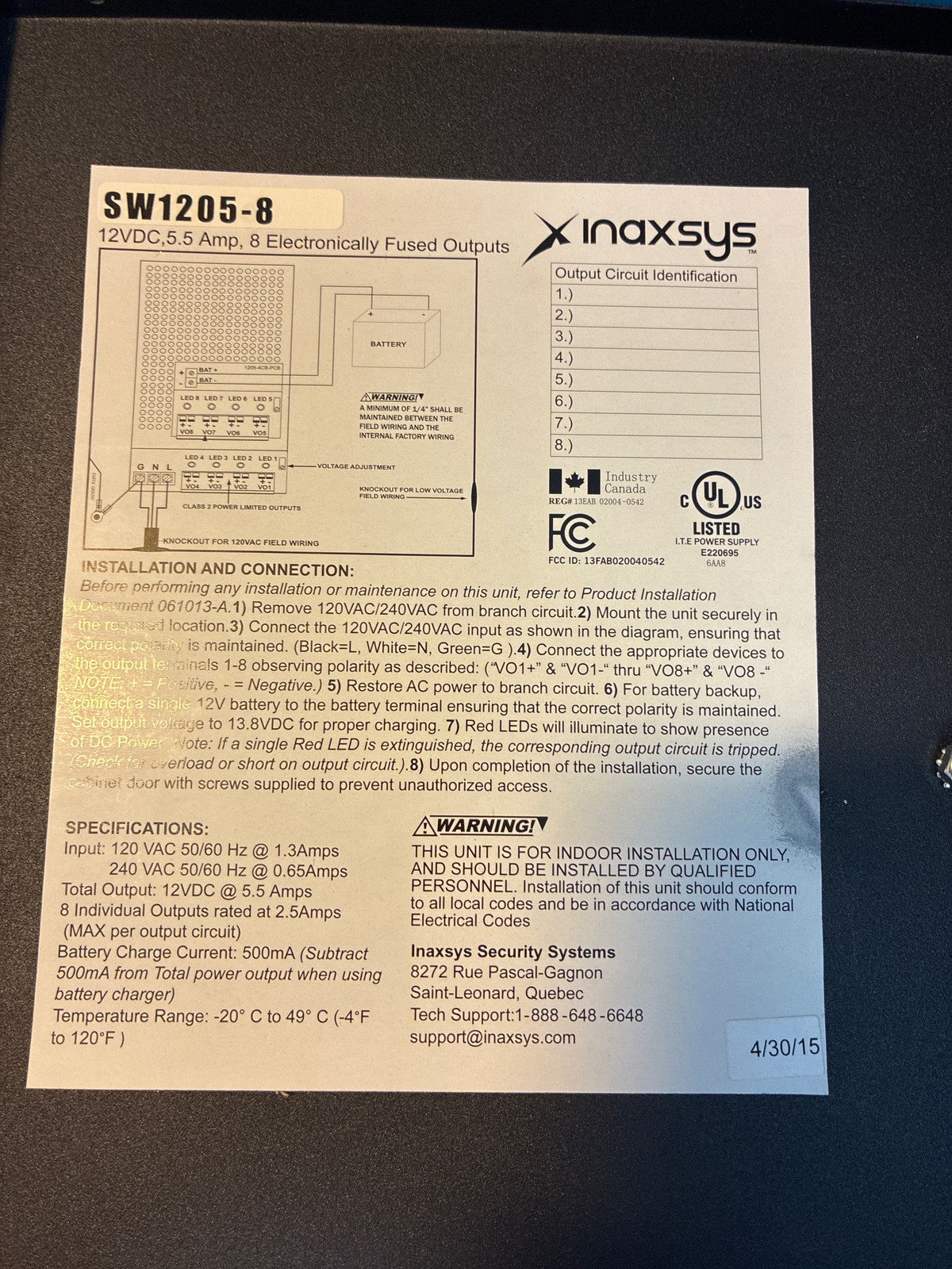 🔥 Inaxsys SW1205-8CB 12VDC 5.5A 8-Output Fused Access Control Power Supply