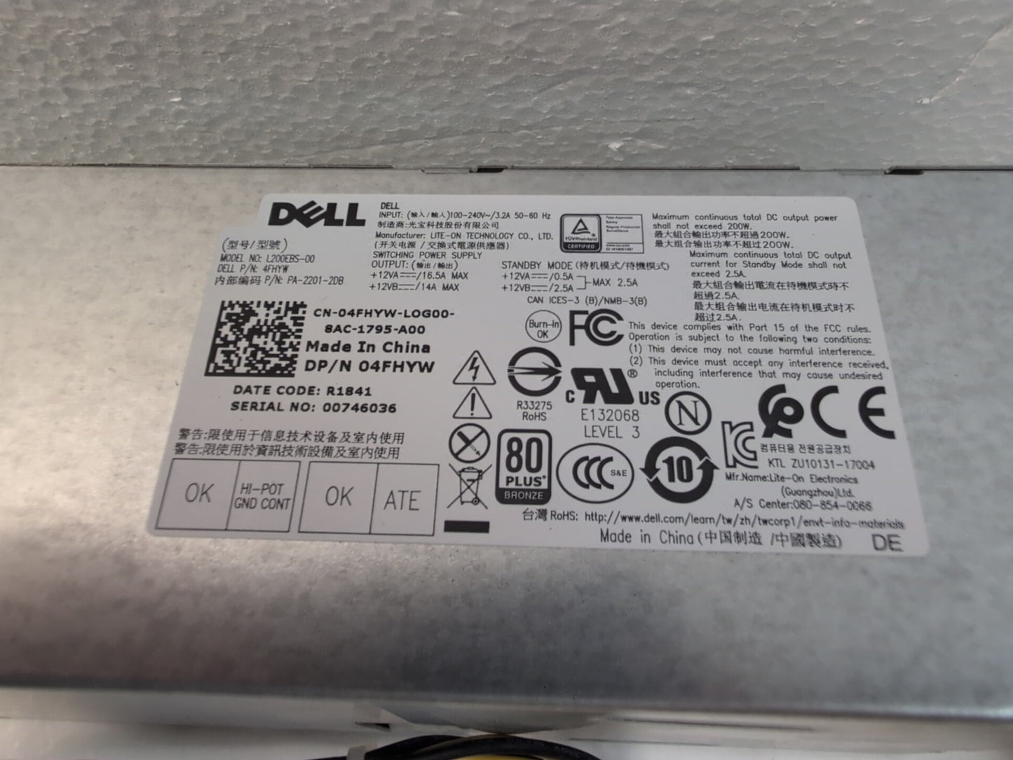 🔥 Dell OptiPlex 3060 3070 5060 7060 (200W) Desktop Power Supply L200EBS 4FHYW -