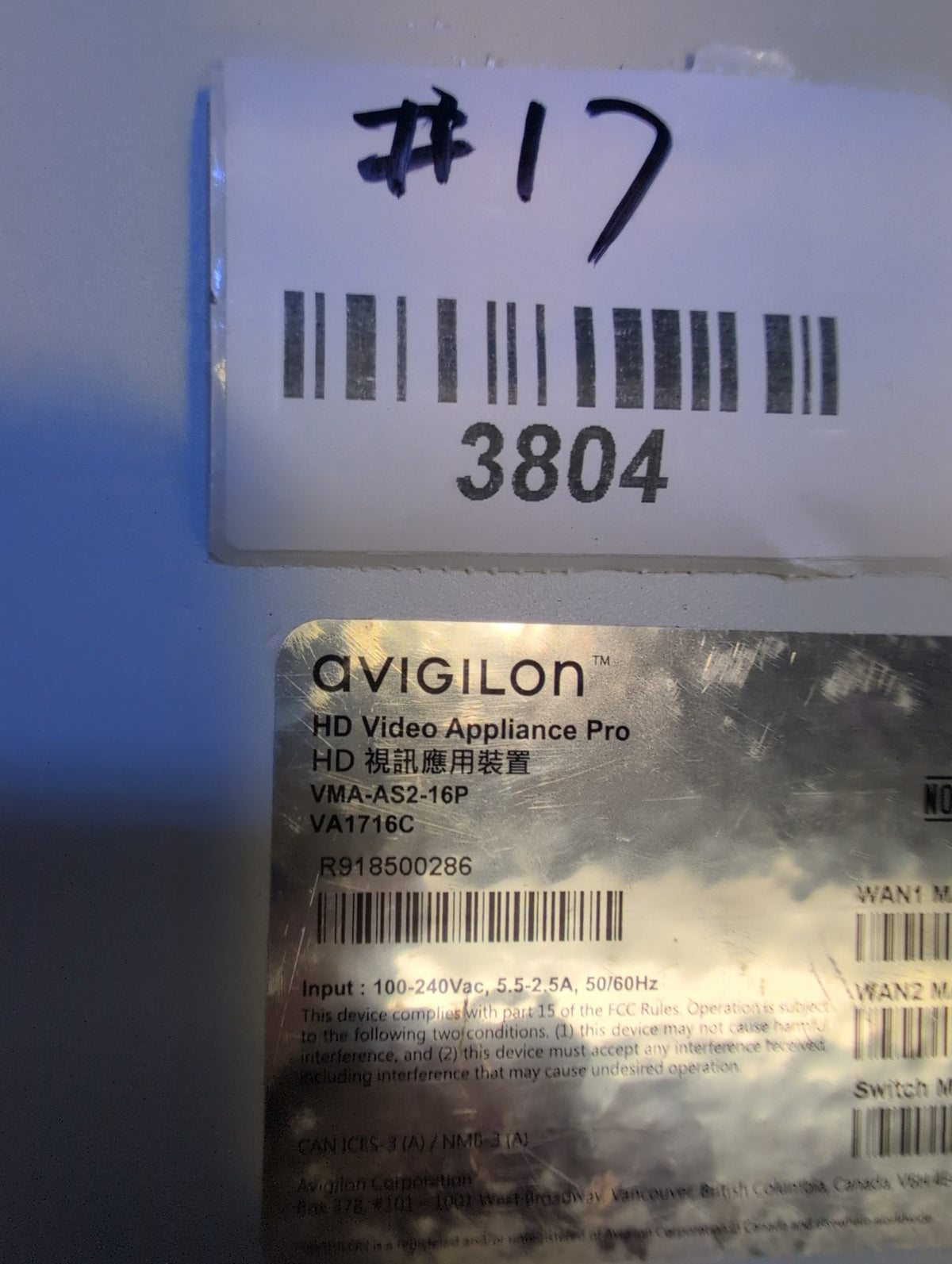 🎸 Avigilon VMA-AS2-16P Video Appliance Pro NVR 16-Port PoE i5-6500 8GB 250G SSD
