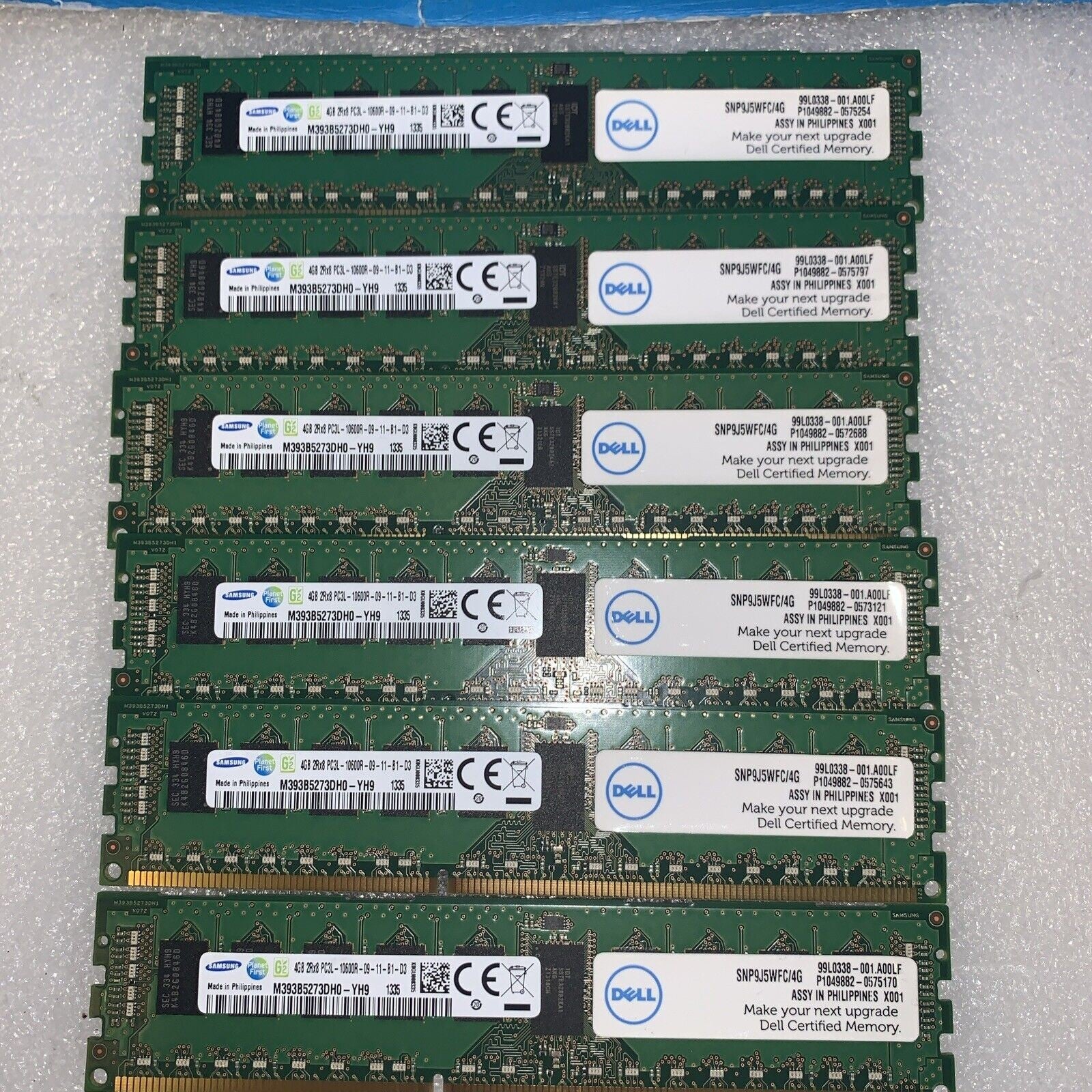 Lot of 6 Samsung/DELL 4GB 2Rx8 PC3L-10600R Server RAM M393B5273DH0-YH9