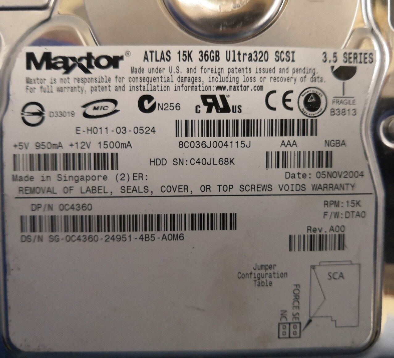 1x  Maxtor Atlas 3.5"  36GB 80 PIN 15K  SCSI  U320 Hard Drive C4360 @
