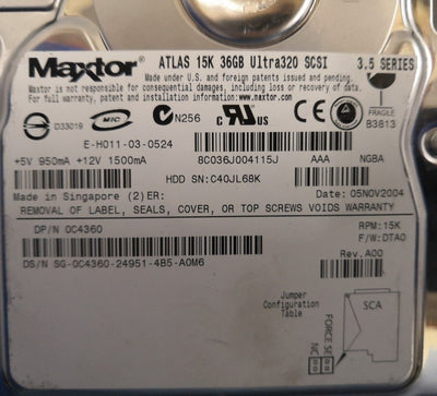 1x  Maxtor Atlas 3.5"  36GB 80 PIN 15K  SCSI  U320 Hard Drive C4360 @