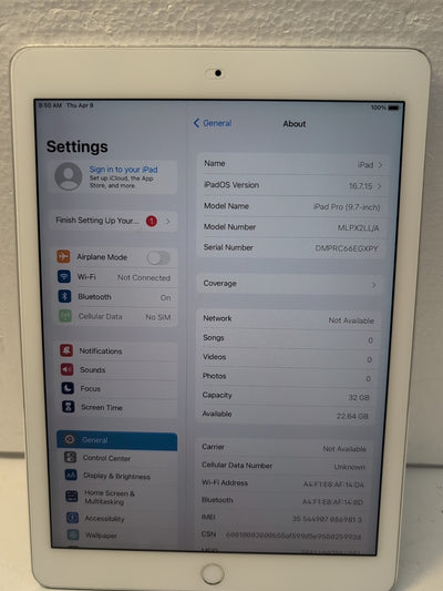 🔥 Apple iPad Pro 9.7-inch A1674 WIFI ONLY 32GB White OS 16.7 (READ)  -