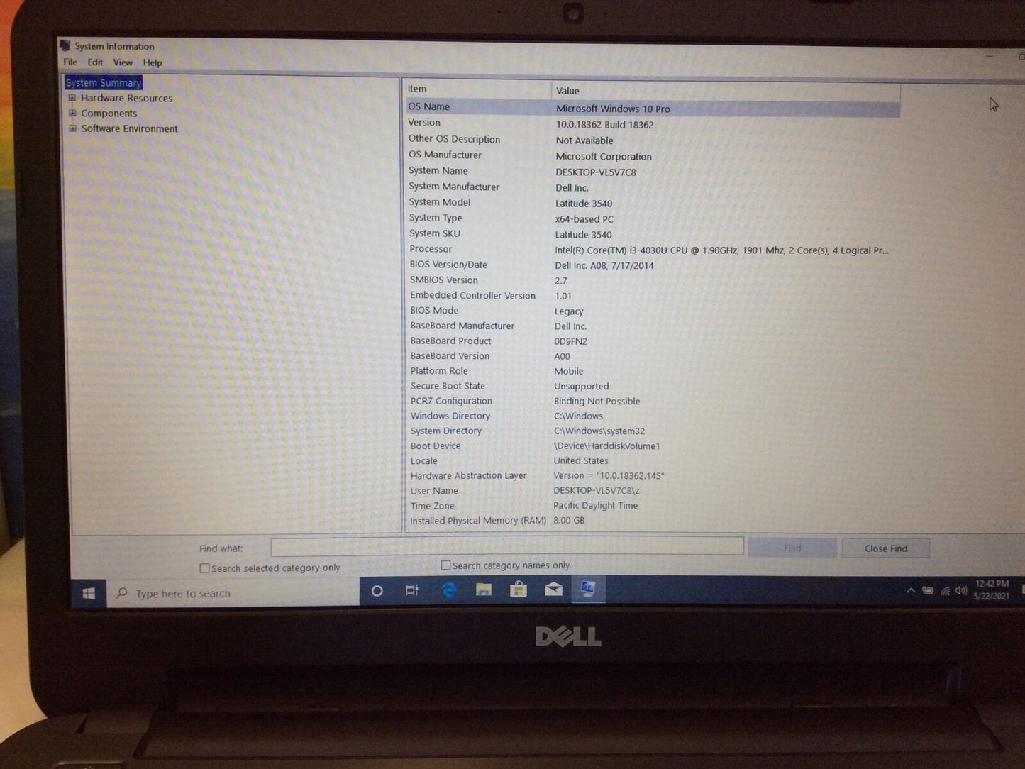 DELL Latitude 3540 15.5"Laptop Intel i3-4030u 1.9GHz 8GB RAM 1TB HDD Win10