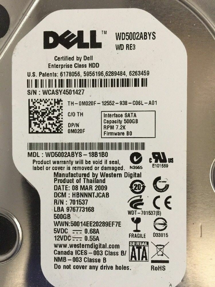 + LOT OF 3 DELL 0M020F 500GB SATA 7.2K WD5002ABYS w/ INTERPOSER BOARD @@@