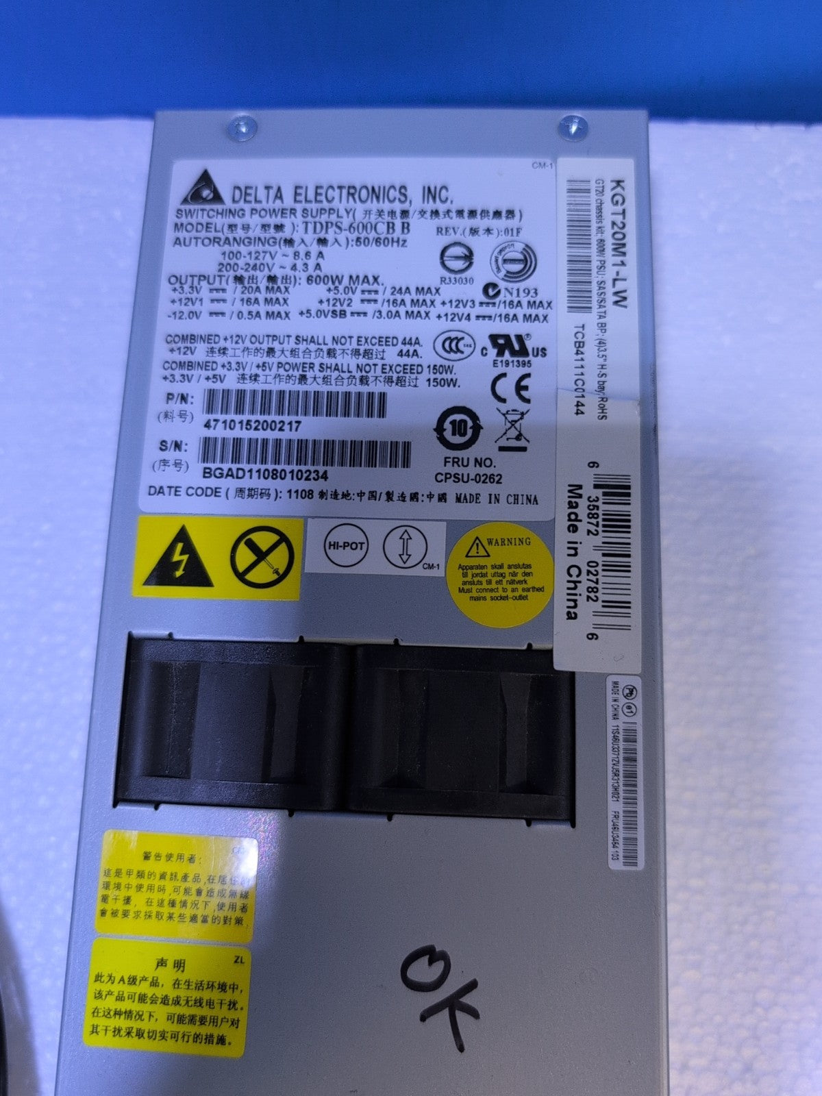 DELTA 600W Server Power Supply KGT20M1-LW TDPS-600CB  for Lenovo TESTED -