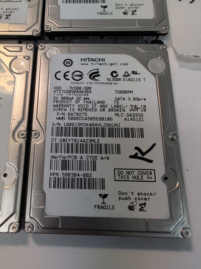 4x Hitachi HTS725050A9A364 500GB SATA 7200RPM 2.5" HDD TESTED, 1000days REMAIN -