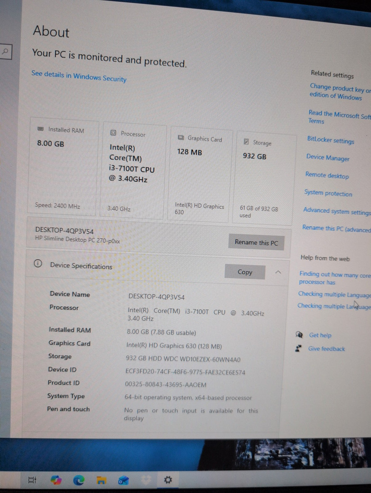 🎸 HP Slimline 270-p019 SFF Desktop PC Intel i3-7100T 8GB RAM 1TB HDD WiFi Win10