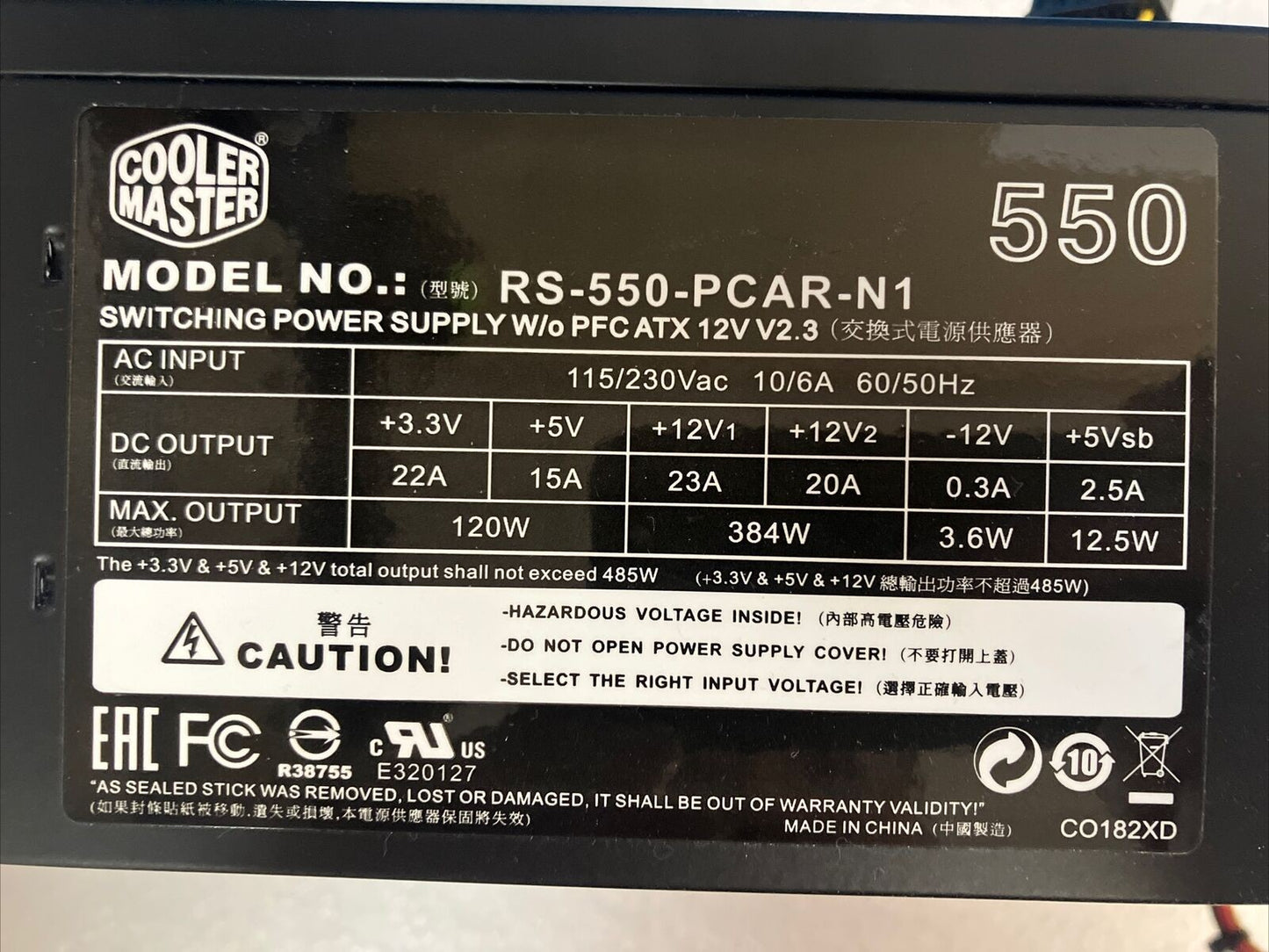 Cooler Master 550W Switching Power Supply Model RS-550-PCAR-N1 ~