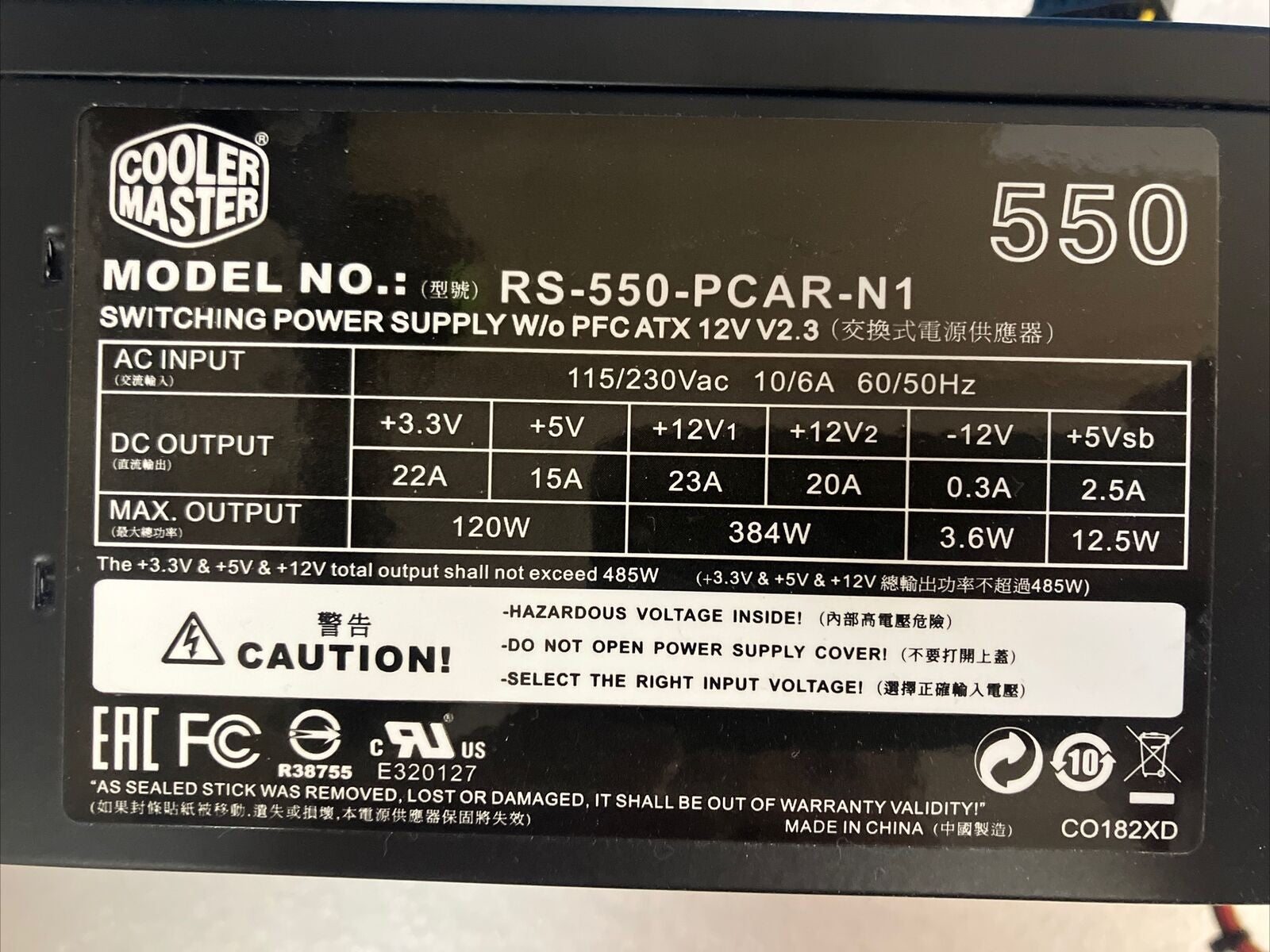 Cooler Master 550W Switching Power Supply Model RS-550-PCAR-N1 ~