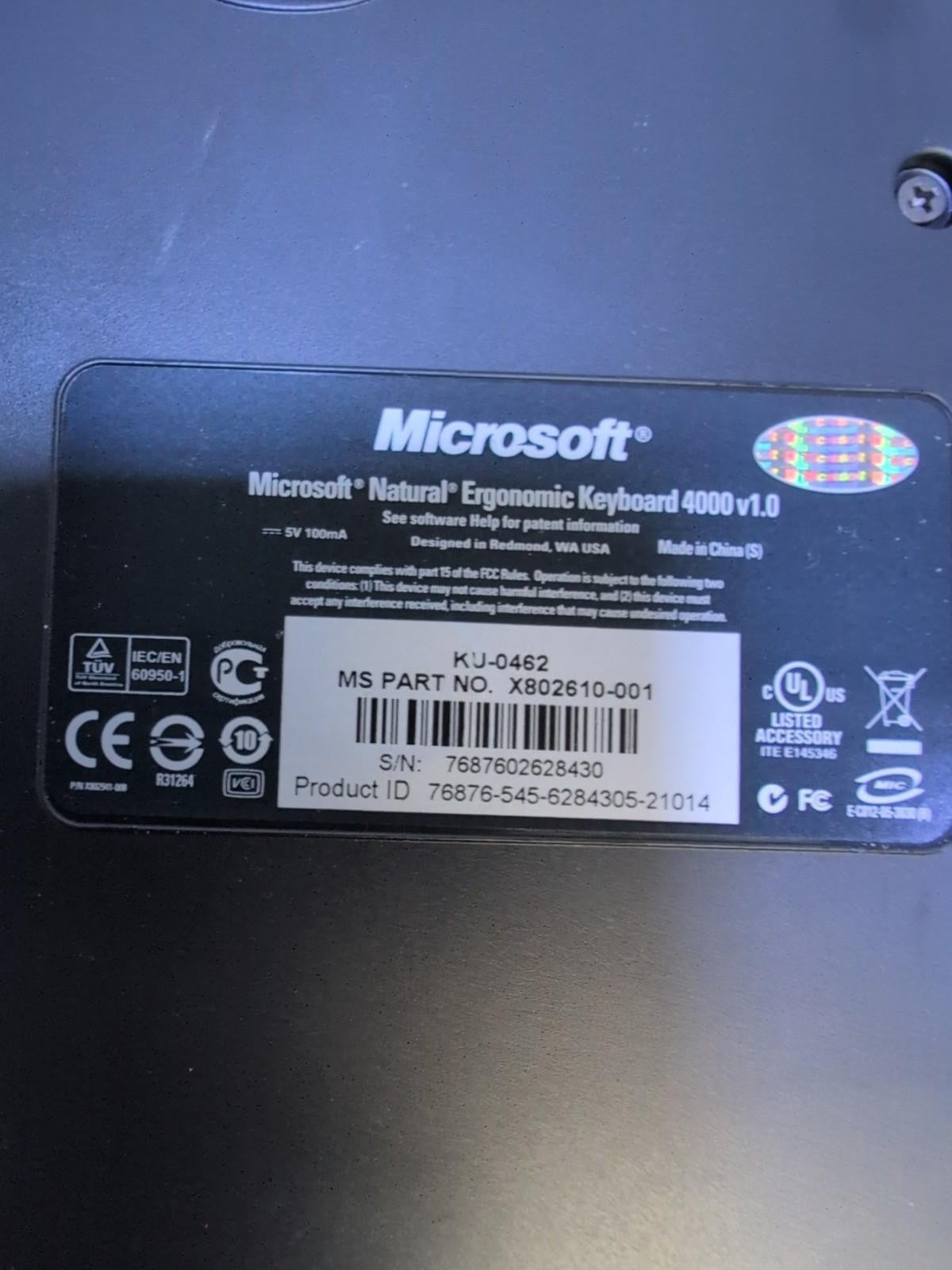 NICE Microsoft KU-0462 Natural Ergonomic Keyboard 4000 v1.0  Tested -
