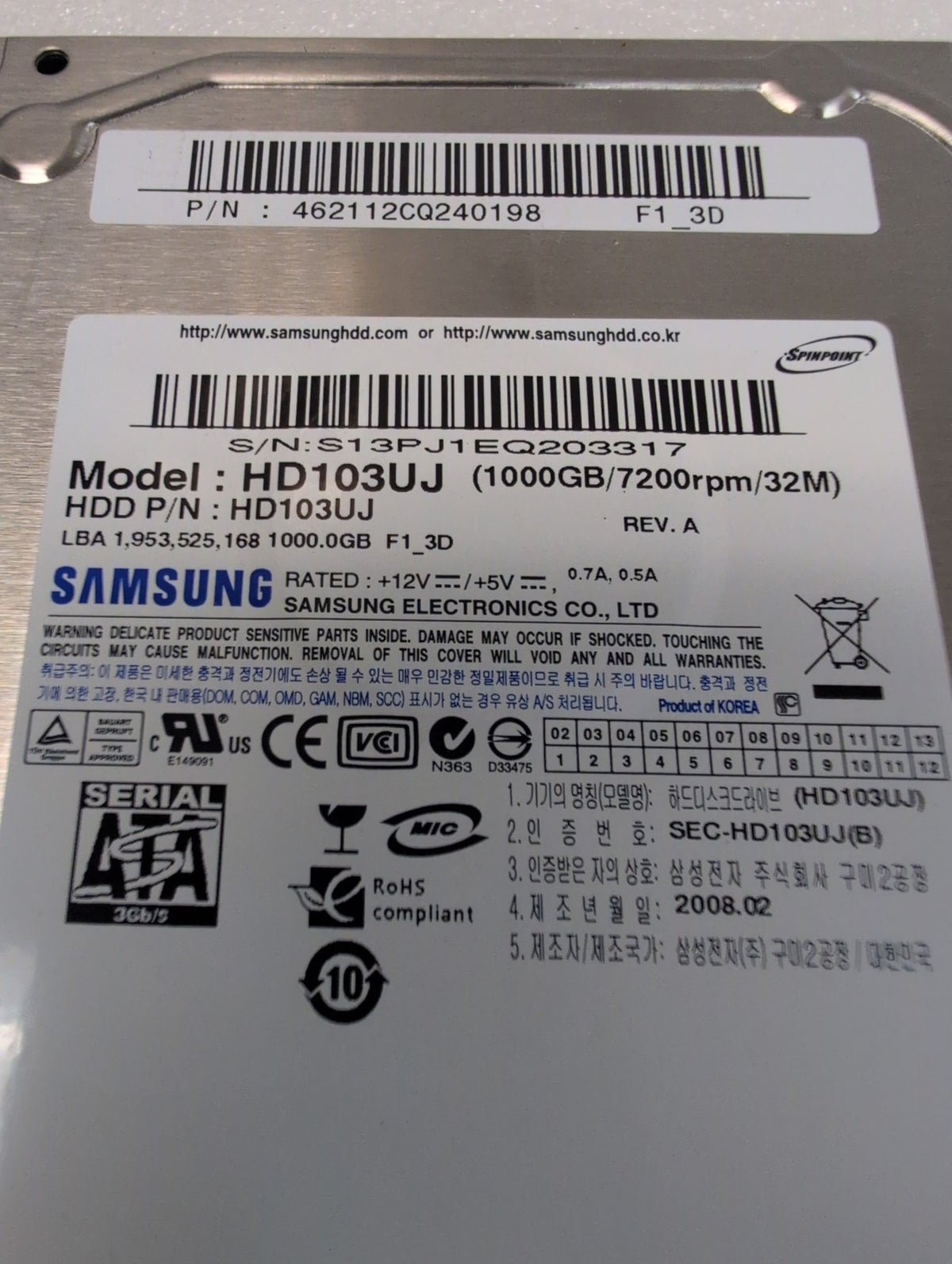 🎸 NICE Samsung HD103UJ 1TB 7200RPM SATA 3.5" Internal HDD (Used time 4 days)