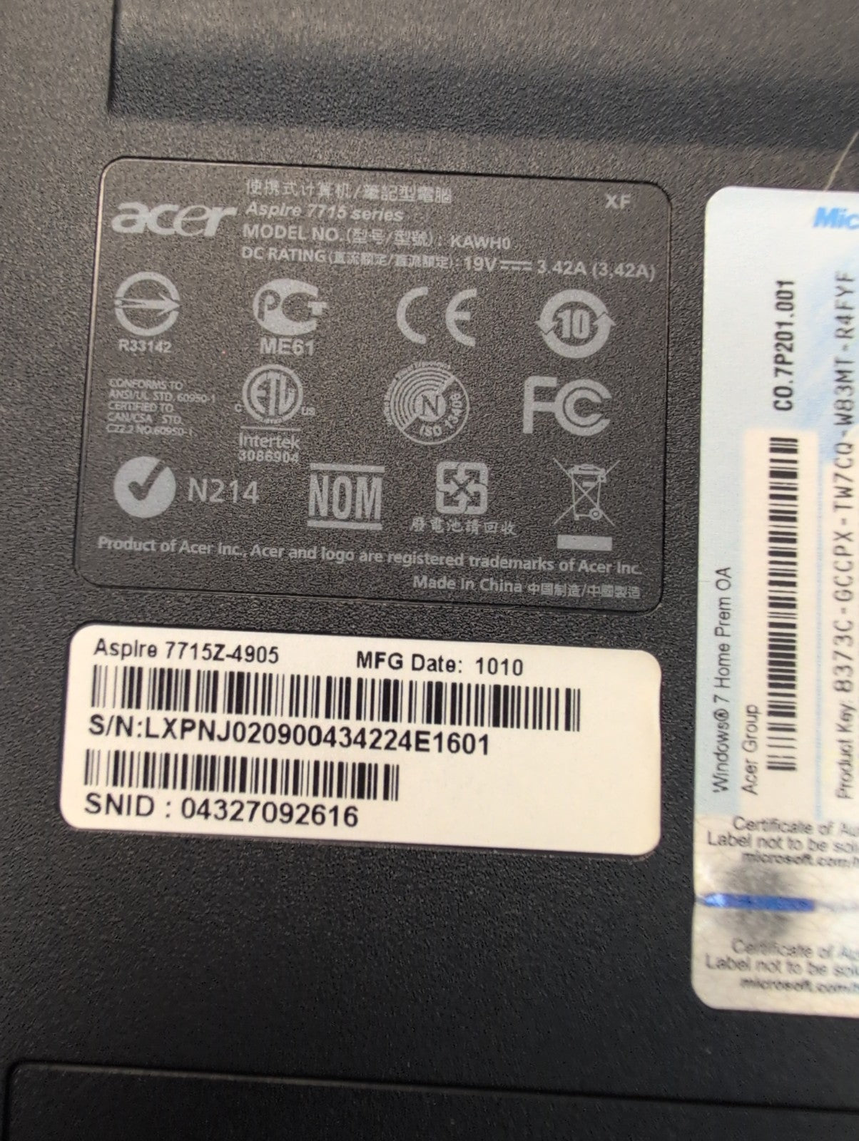 🔥 Acer Aspire 7715 17"  Laptop Intel T4500 CPU /4GB RAM /320GB HDD/ WIN XP -