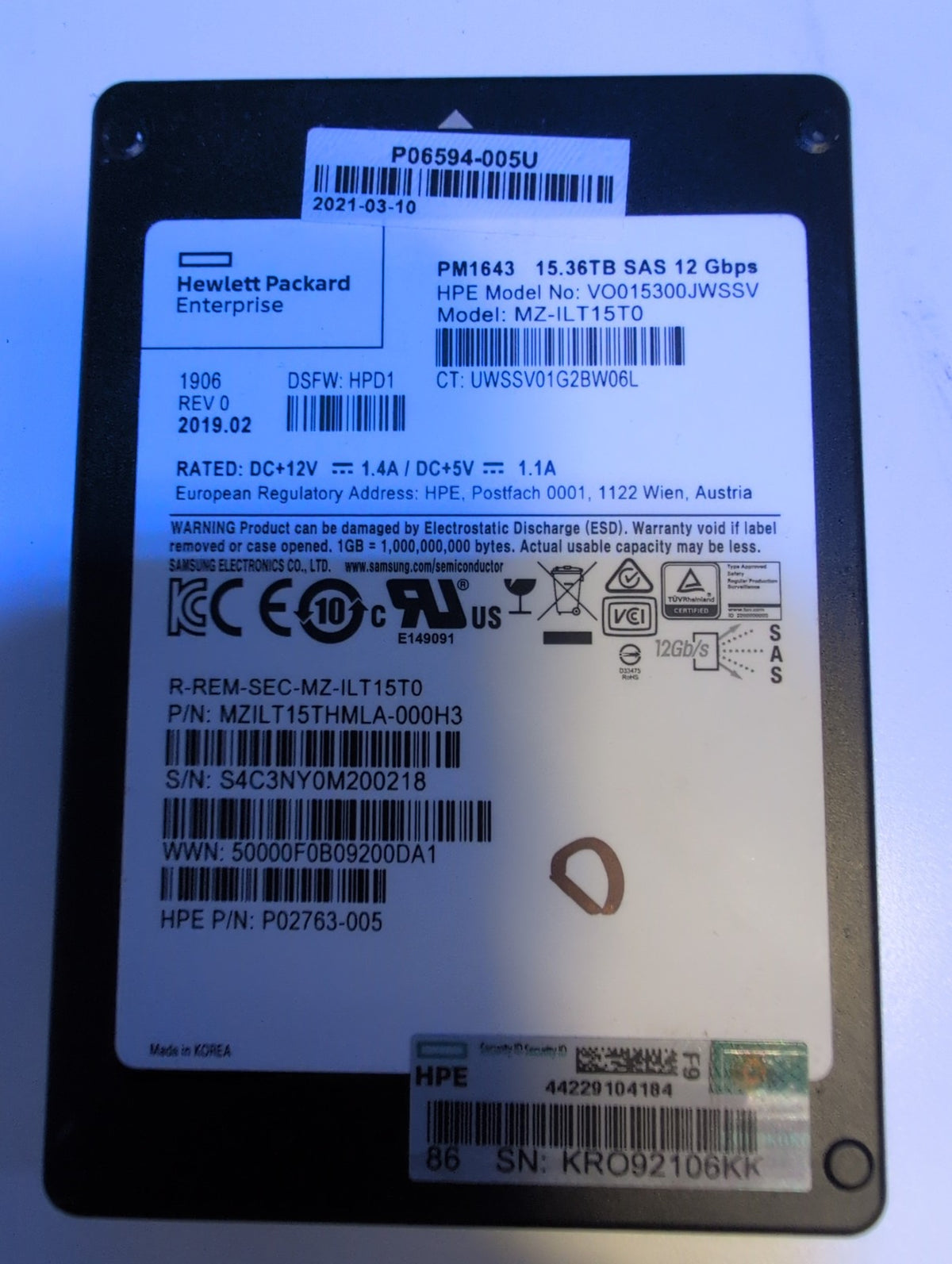 🎸 HPE PM1643 MZ-ILT15T0 15.36TB SAS 2.5in Enterprise SERVER SSD 100% Health