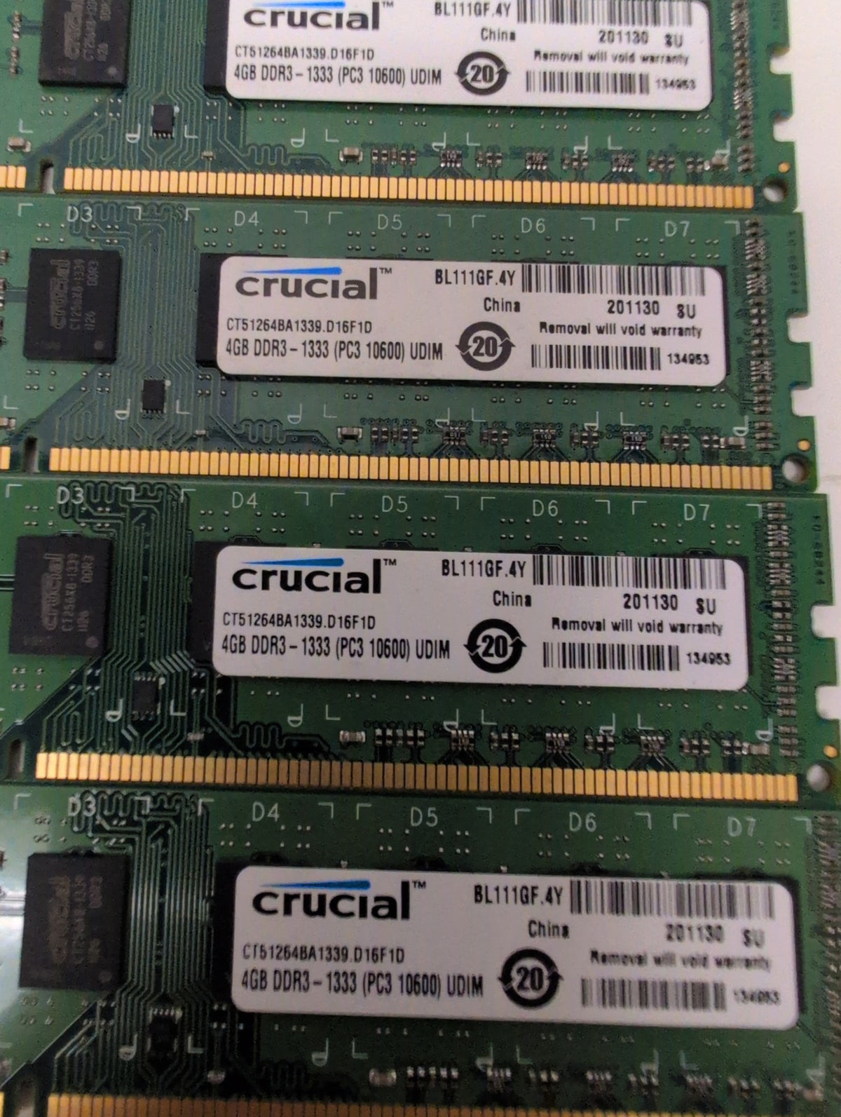 🎸 Lot of 4 (16GB) Crucial 4GB DDR3-1333 PC3-10600 UDIMM Desktop Memory