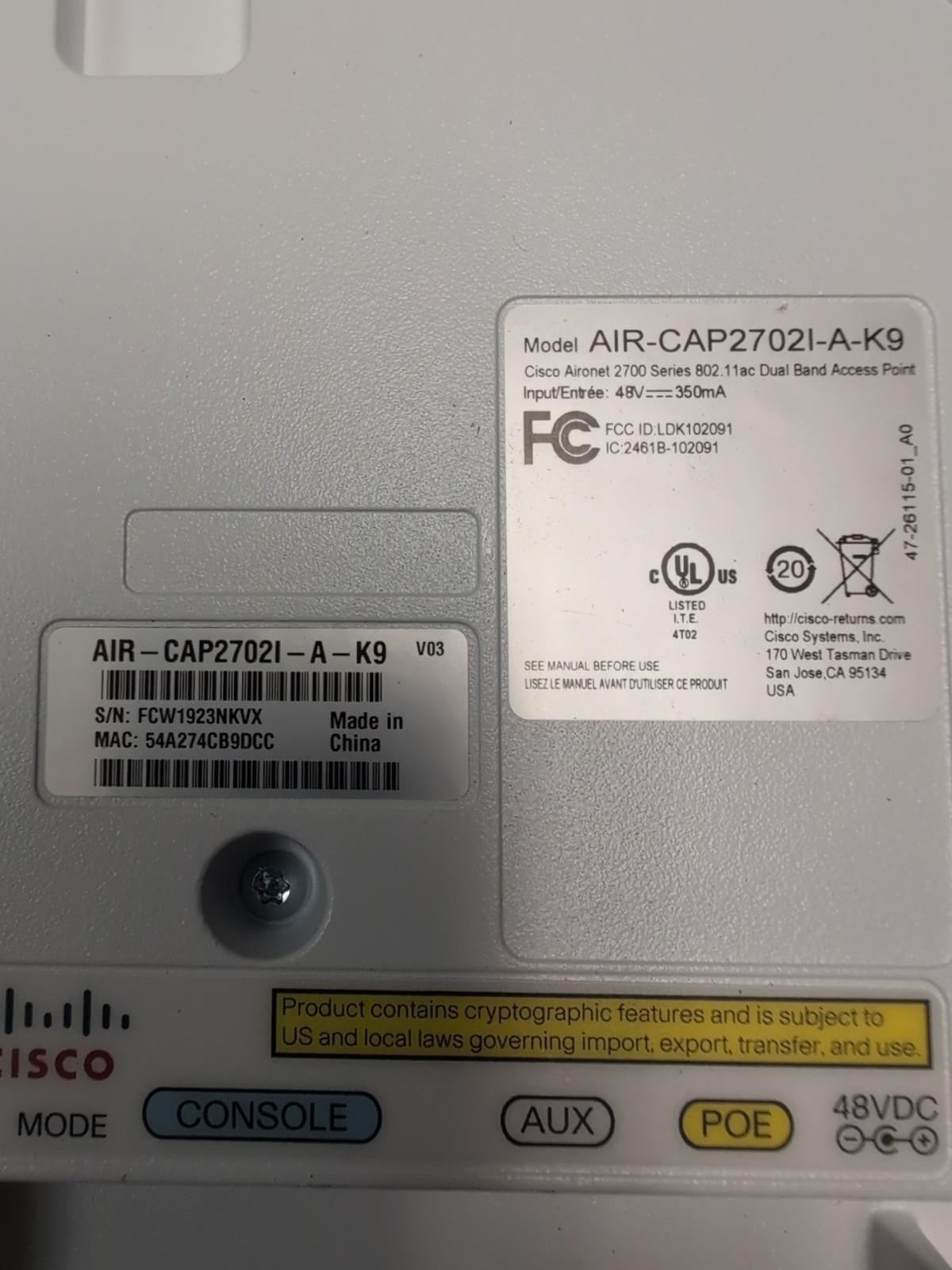 5x Cisco AIR-CAP2702I-A-K9 Aironet Access Point w/ Mounting -
