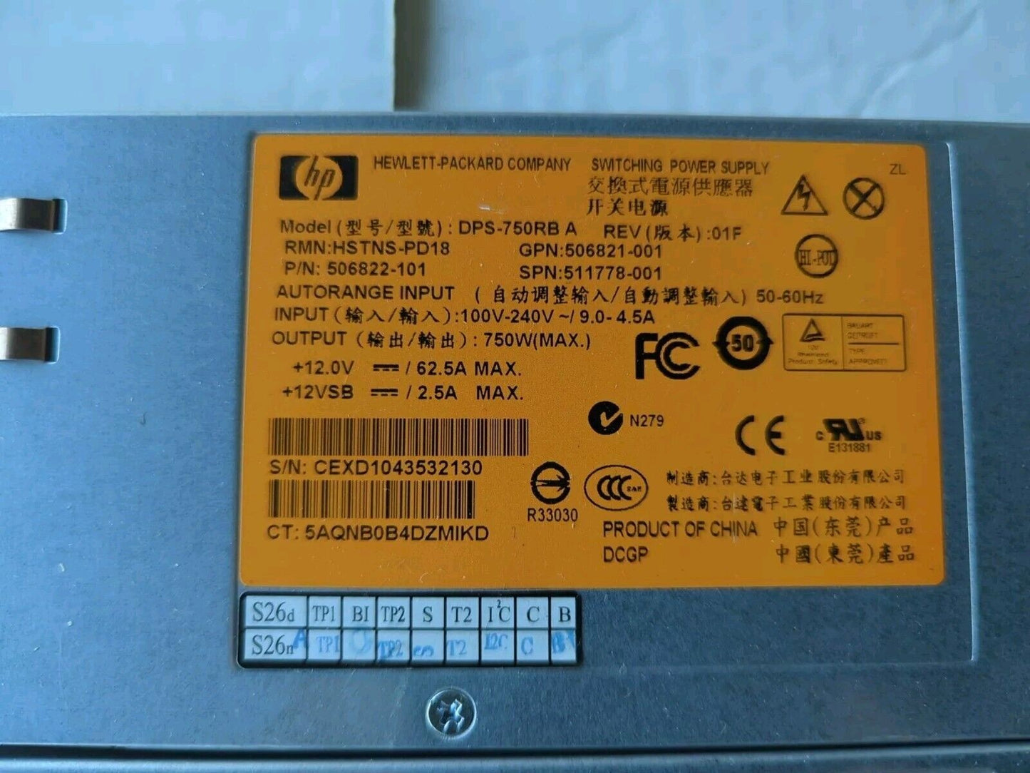 2x HP HSTNS-PD18 DPS-750RB  506822-101 750W Power Supply 511778/506821-001
