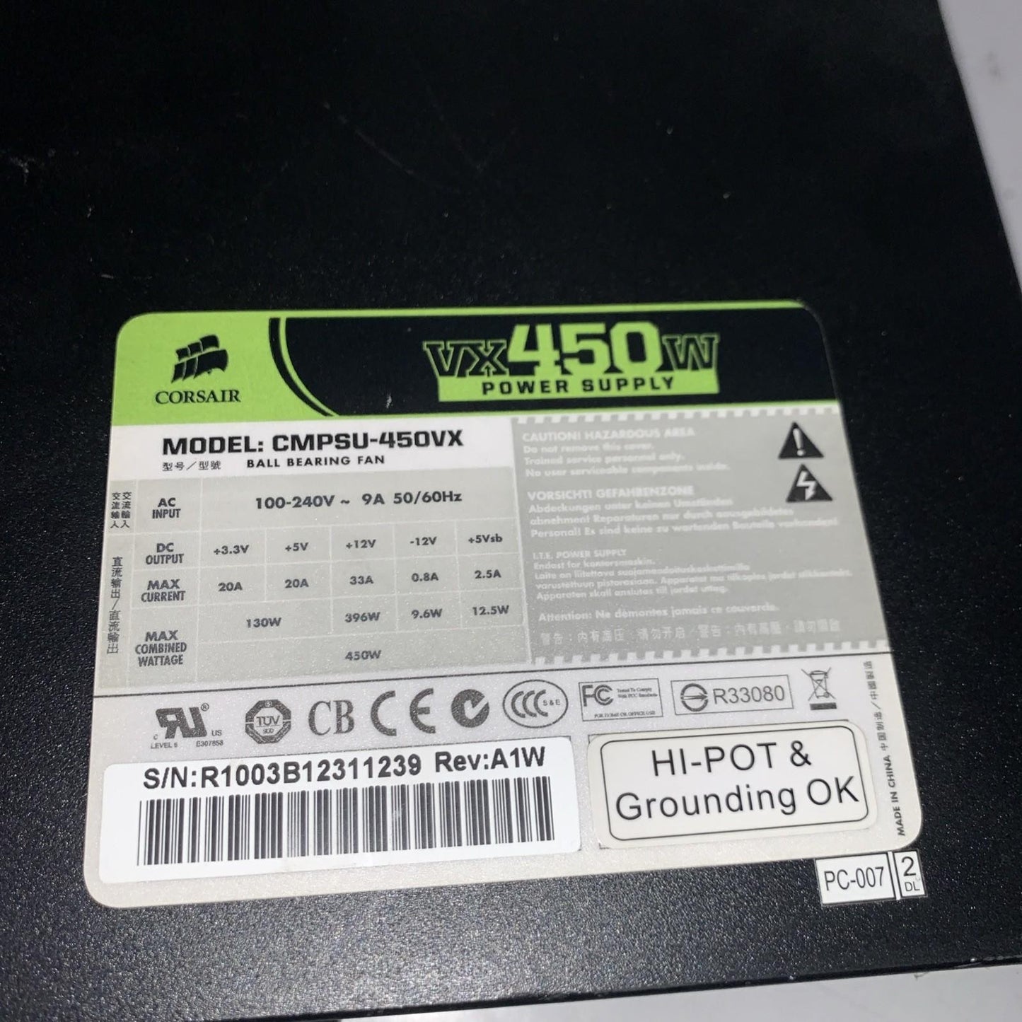 Supply Corsair VX450W CMPSU-450VX 450W ATX 20+4-PIN ATX12V Pcie SATA Molex Fdd