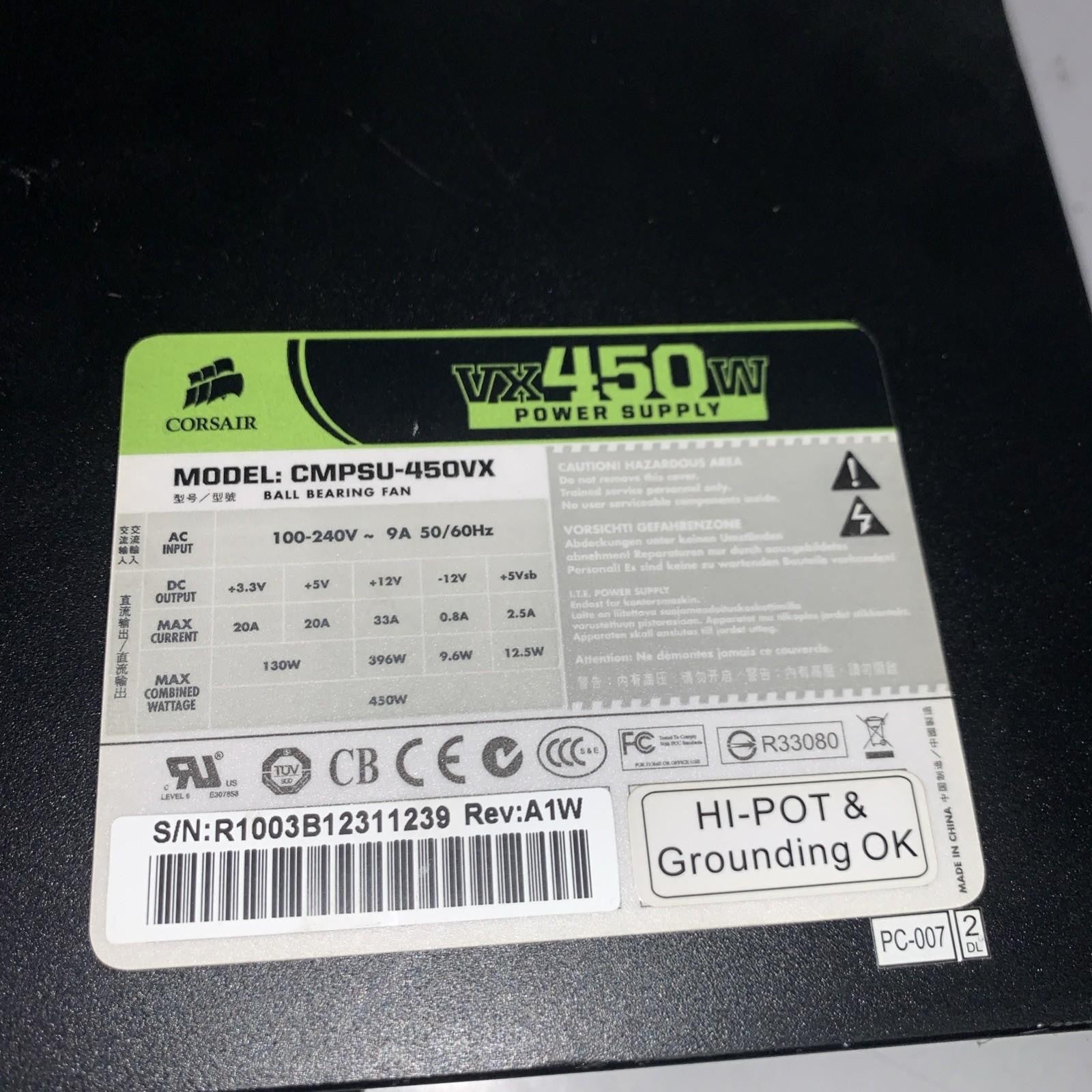Supply Corsair VX450W CMPSU-450VX 450W ATX 20+4-PIN ATX12V Pcie SATA Molex Fdd
