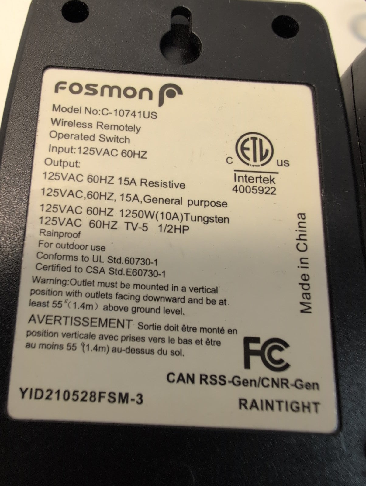 🔥 2X FOSMON C-10741US WIRELESS REMOTELY OPERATED SWITCH 125V 15A -