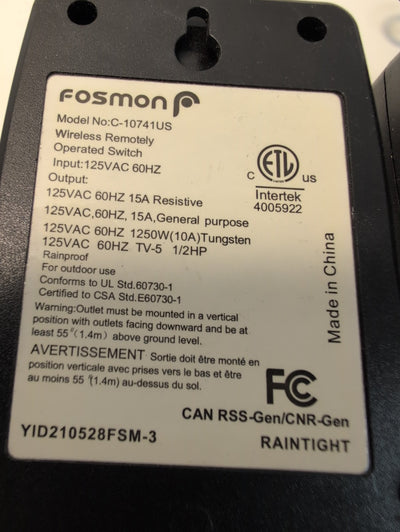 🔥 2X FOSMON C-10741US WIRELESS REMOTELY OPERATED SWITCH 125V 15A -